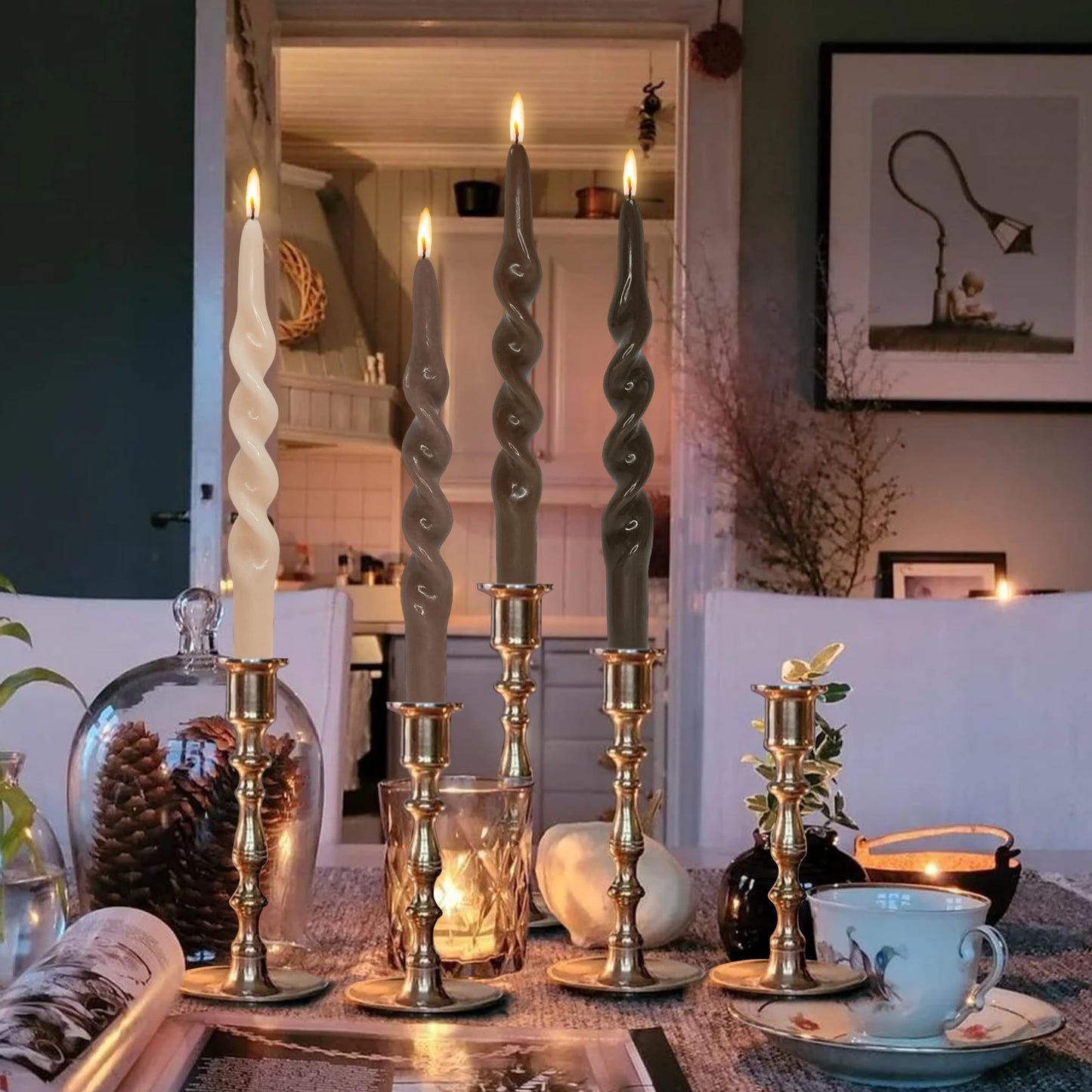 FLAMMUL Gradient Brown Spiral Candles 10 Inch Long Twisted Candlesticks - Handmade Burning Candlestick Dinner Candles for Table Home Decor Wedding 4 PCS