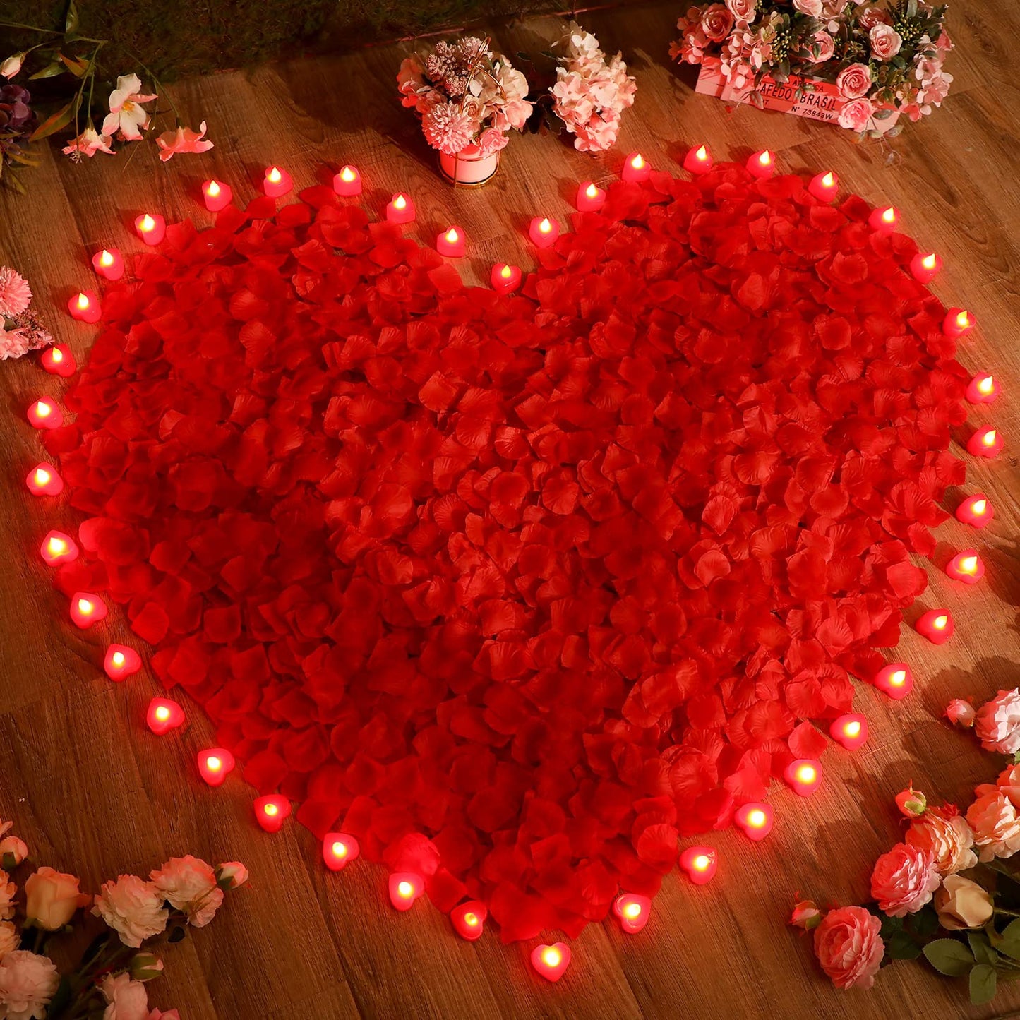 Coume 6000 Pieces Artificial Rose Petal 72 Pieces LED Tealights Candle, Romantic Decorations Special Night Rose Petal Heart Candle for Valentines Wedding Anniversary Proposal Decor(Red Light)