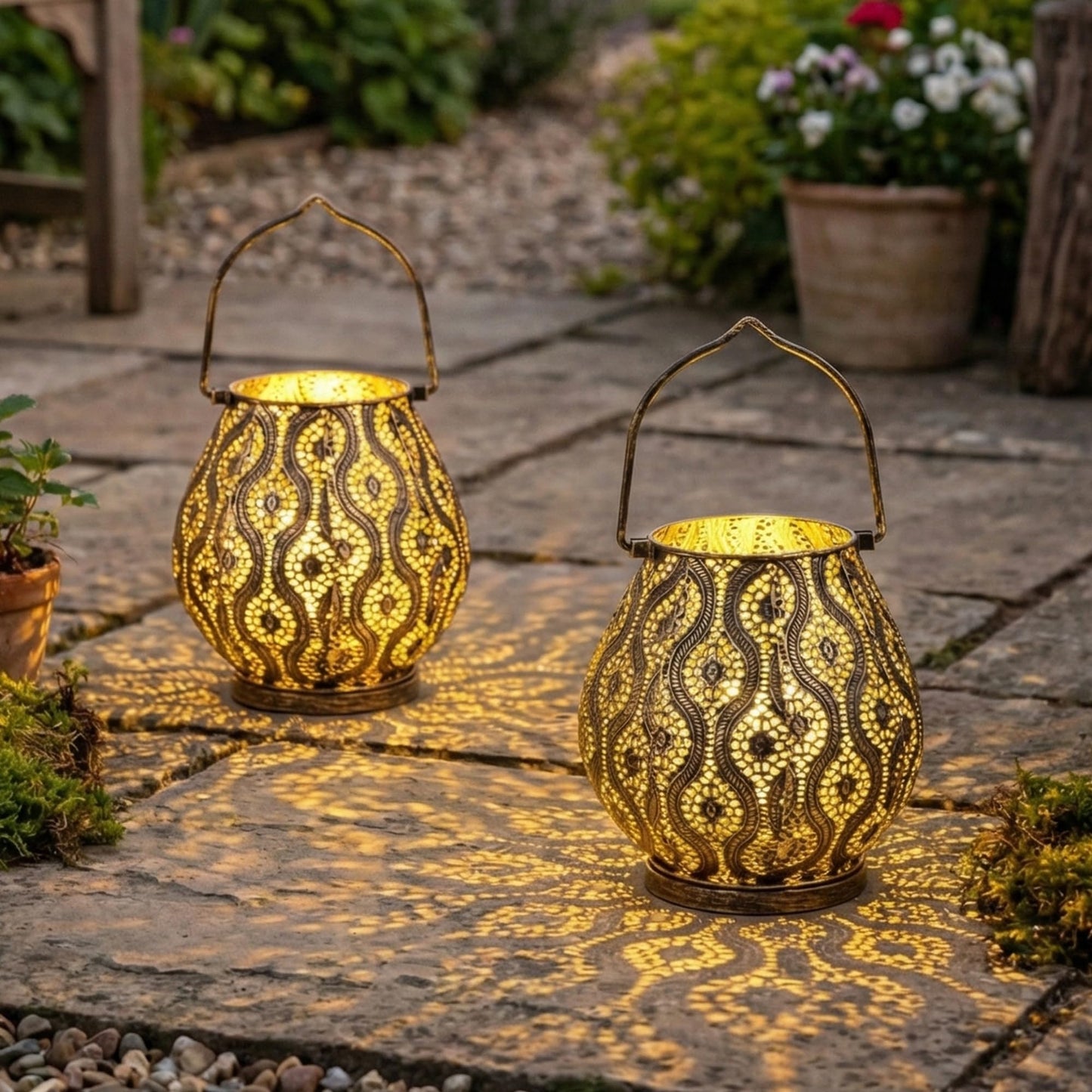 TRIROCKS Set of 2 Moroccan Decorative Lamps 8'' High Cordless Lamp Metal Table Lamps with Fairy Lights Bulb for Home Living Room Garden Yard Party Events Tabletop Indoor Outdoor(Black)