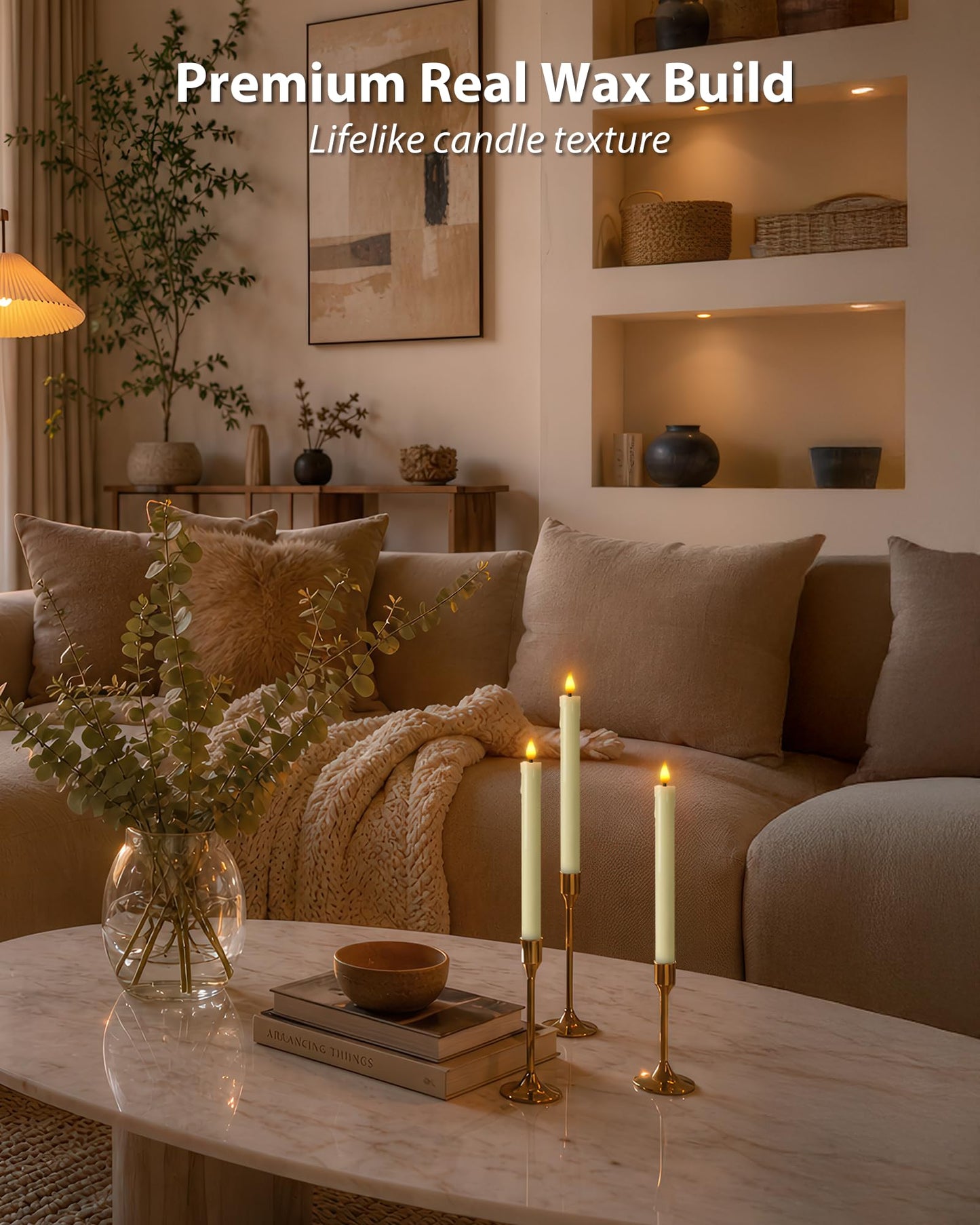 Homemory Rechargeable Waxy Flameless Taper Candles, 9.6 Inches LED Candle Sticks Flickering, Window Candles with Remote Timer Dimmer for Christmas Wedding Home Decor, Ivory, 6 Pcs