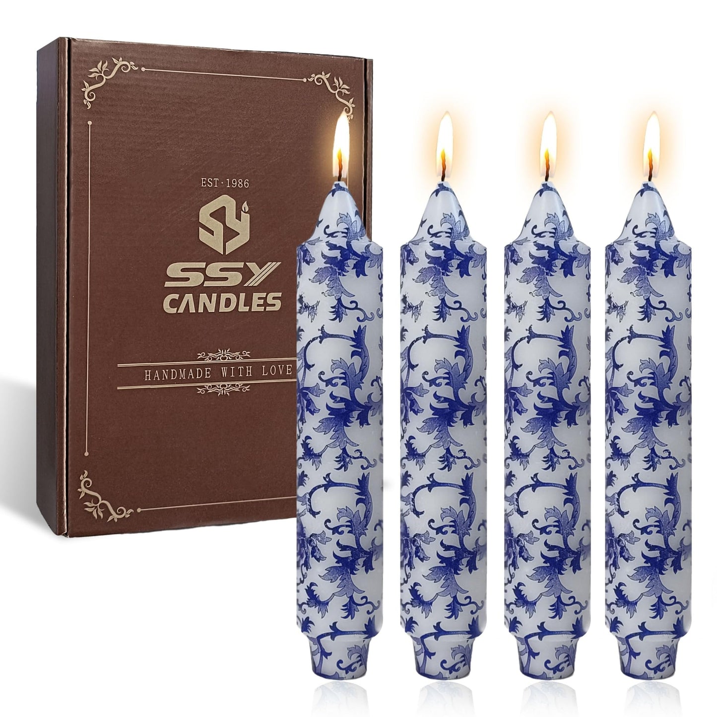 Floral Taper Candles 7inch Unscented Long Chinoiserie Candlesticks Marble Handmade Dripless Candle Sticks for Emergency, Wedding, Home Décor Festive Seasons Holiday 4pcs