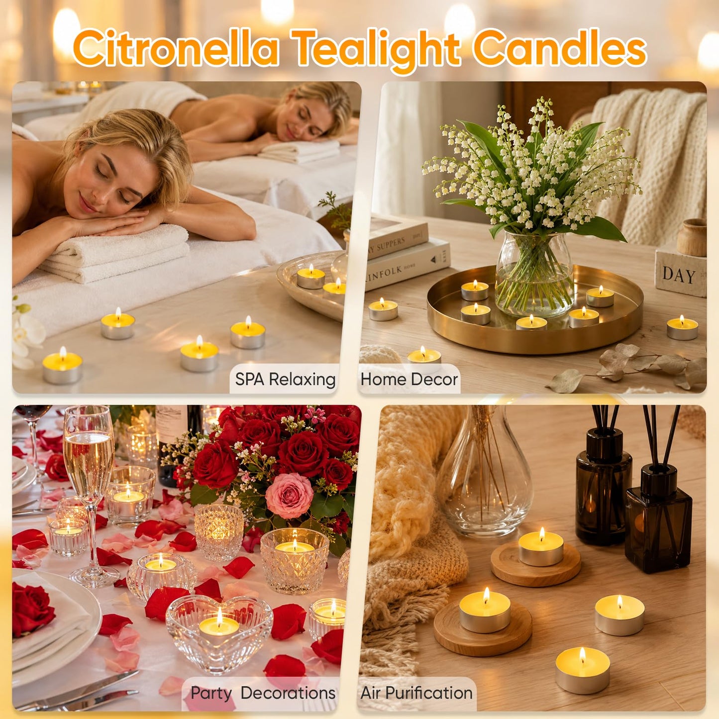 100 Pack Citronella Tealight Candles Bulk,Outdoor Intdoor Summer Scented Candles,Natural Soy Wax Citronella Tea Lights Candles for Patio,Yard,Garden,Pool,Porch,Parties,Weddings