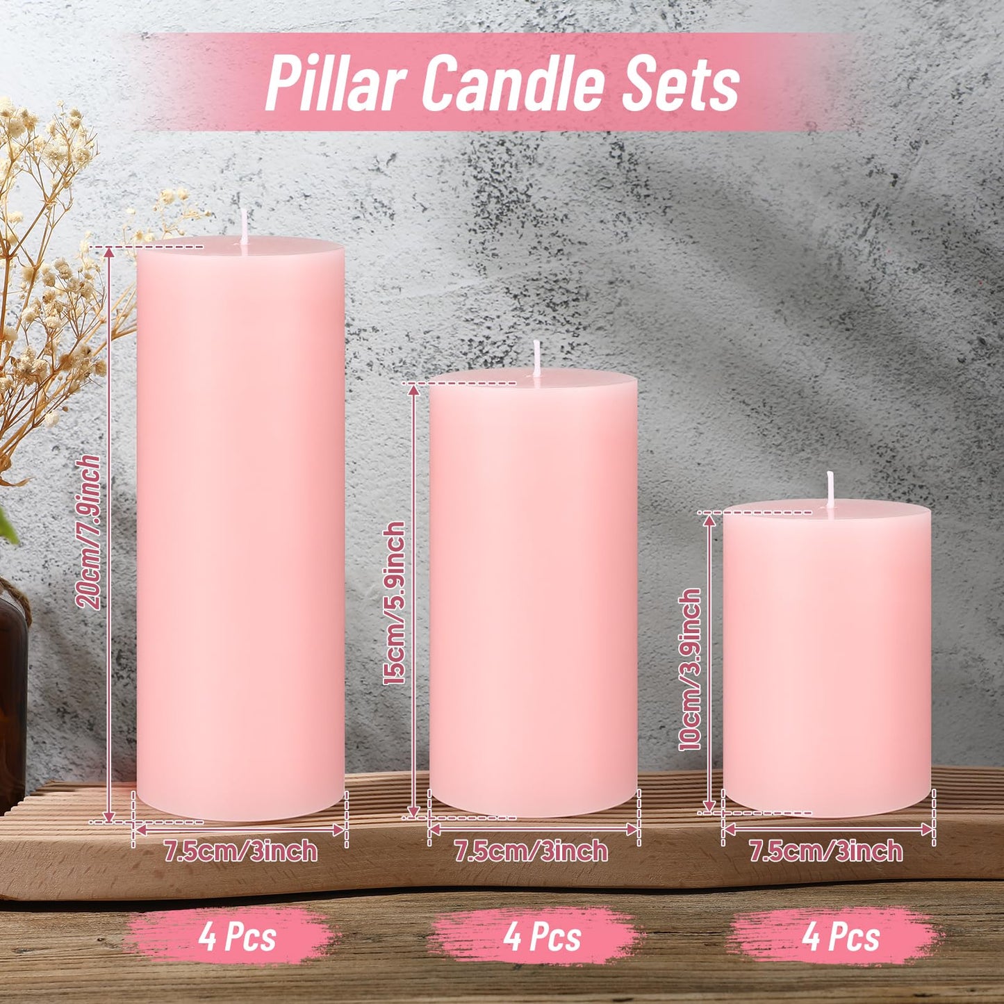 Sumind Set of 12 Pillar Candles Bulk 3"x 4", 6", 8" Dripless Unscented Poured Candles Long Clean Burning Tapers for Wedding Rustic Party Spa Bath Home Decor Relaxation All Occasions(Pink)