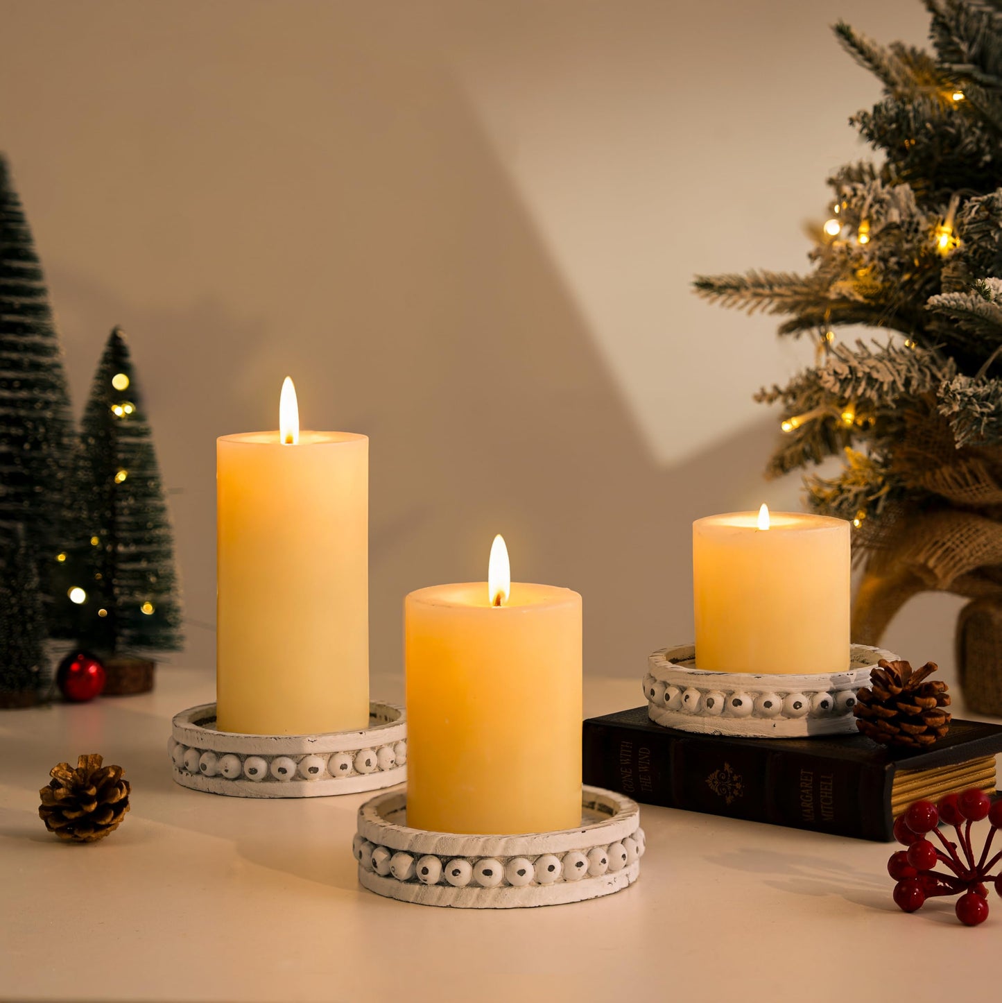 Hanobe Candle Holder for Pillar Candles: Set of 3 Rustic Farmhouse Wooden Candlestick Holders - Whitewashed Candle Stand for Table Centerpieces Fireplace Mantel Home Decor