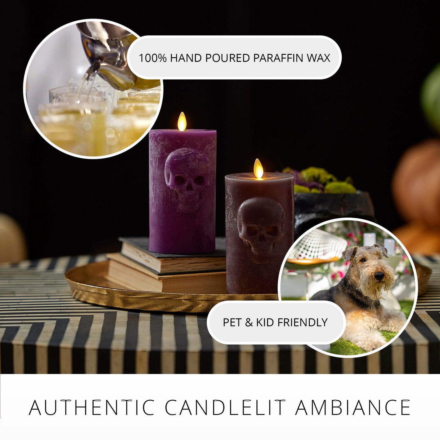 Luminara Chalky Skull LED Candle, Imperial Purple, Moving Flame, Gothic Halloween Decor, Battery Operated Flameless Unscented Wax Timer Indoor