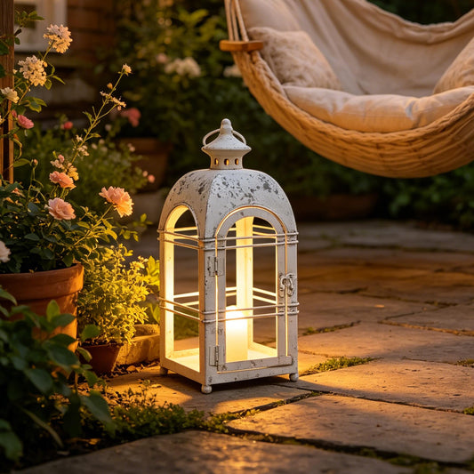 14" H Vintage Farmhouse Metal Candle Lantern, Rustic Distressed White Glass-Free Open Frame Hanging Candle Holder, Indoor & Covered Outdoor Decor for Garden Front Porch Patio Wedding