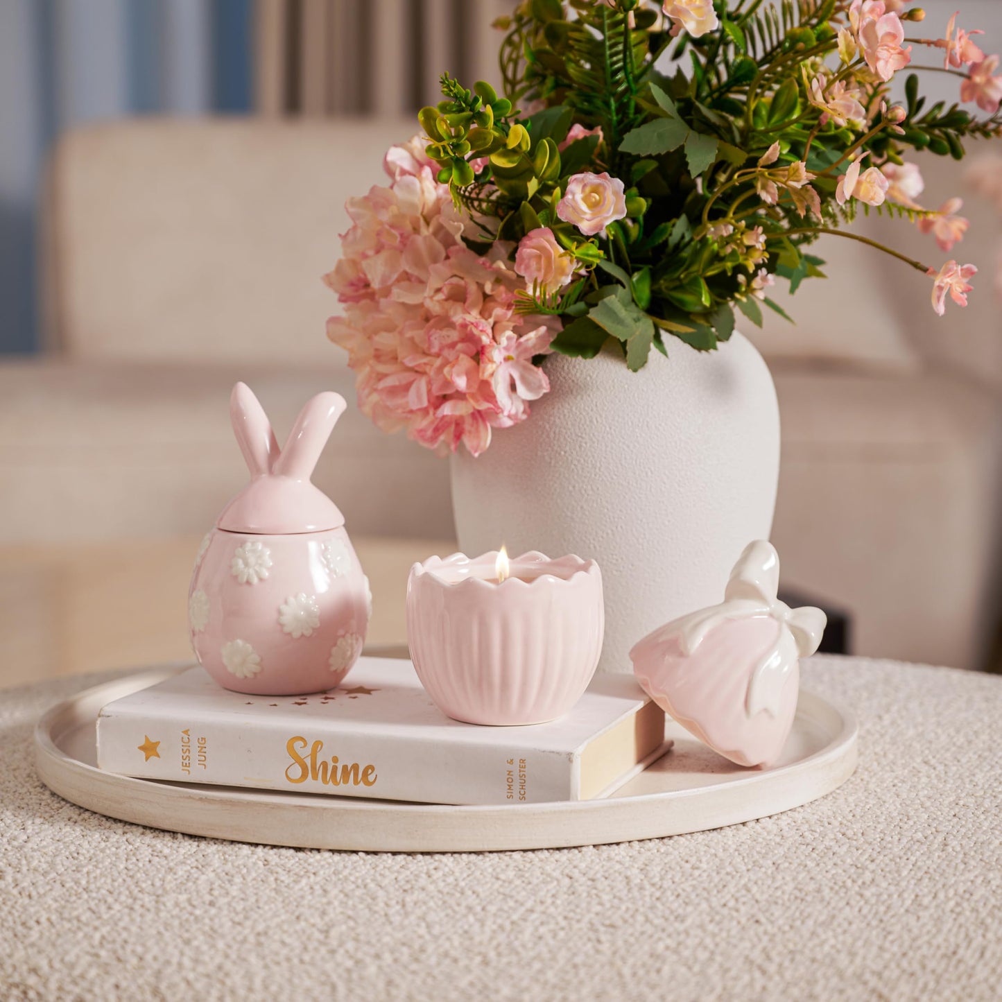 WDS WONDROUS 2-Pack Easter Bunny & Bow Ceramic Jar Candles, Egg Shaped Soy Wax Scented Candles with Daisy and Striped Design, Spring Home Decor Gift Set for Women, Pink Farmhouse Table Centerpiece