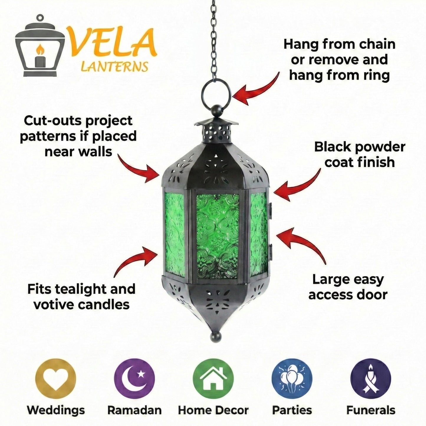 Vela Lanterns Hanging Moroccan Lamp - Exotic Decorative Patio & Porch Decor, Indoor Outdoor Tea Light Candle Lantern Holder with Chain (11" Medium, Green Glass)