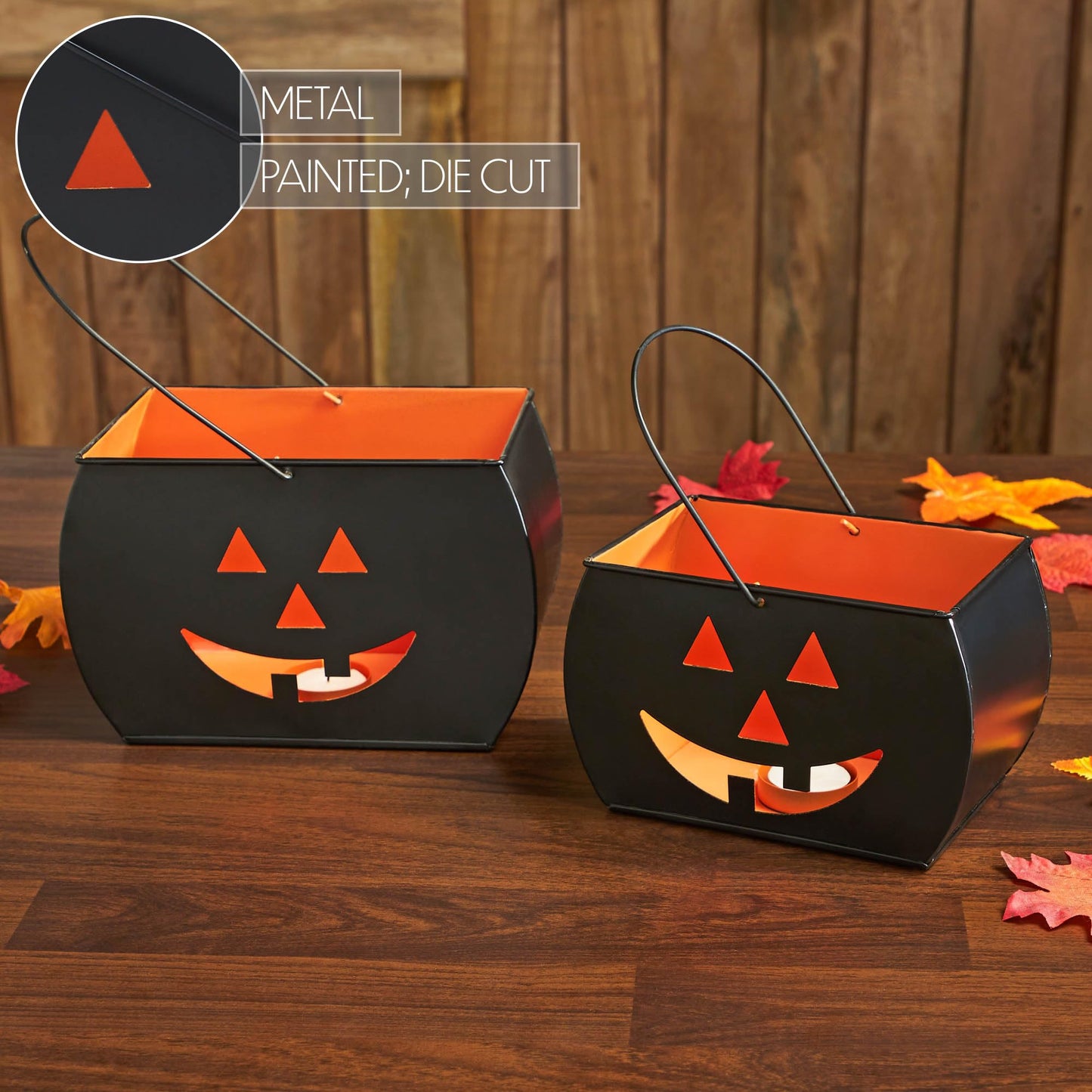 VHC Brands Metal Tealight Holders Trick Or Treat Black Set of 2, Kitchen Dining Table Candle Holder, Pumpkin Decor for Fall and Halloween