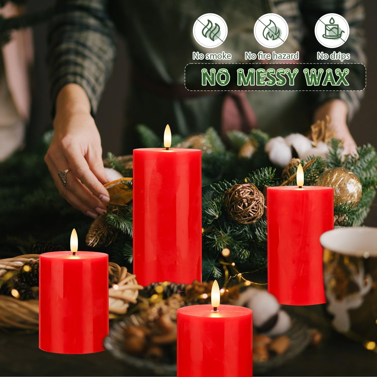 AFINETH Red Flameless Pillar Candles, Battery Operated Wax Candles with Remote, Flat Top Flickering Christmas LED Candle Decorations for Xmas, Home, Party Decor, Set of 4