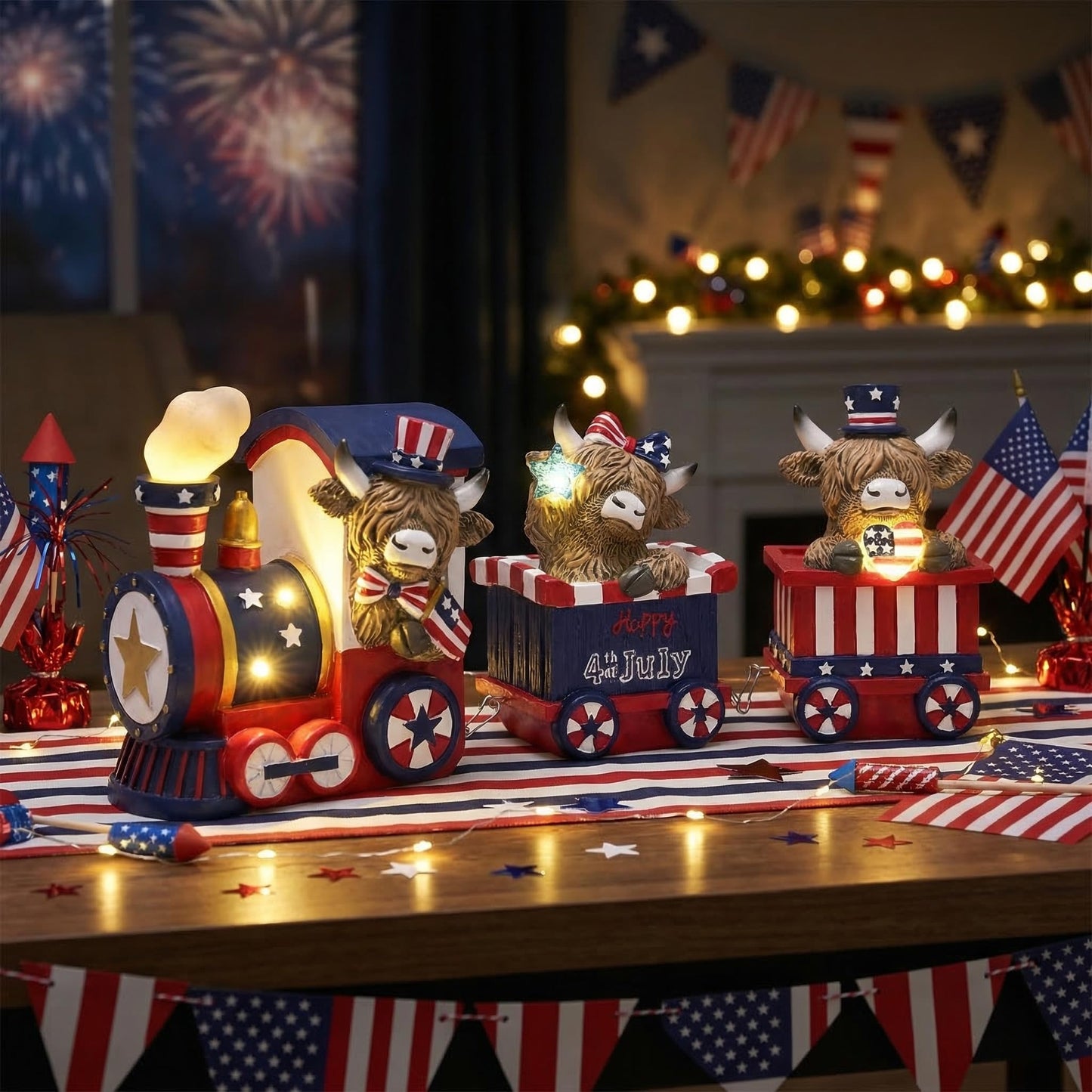 Valery Madelyn 4th of July Highland Cow Train Decorations Lighted LED Memorial Day Decor for Home, High Mountain Yak Train Figurines Red White and Blue Decorations, Patriotic USA 250th Anniversary