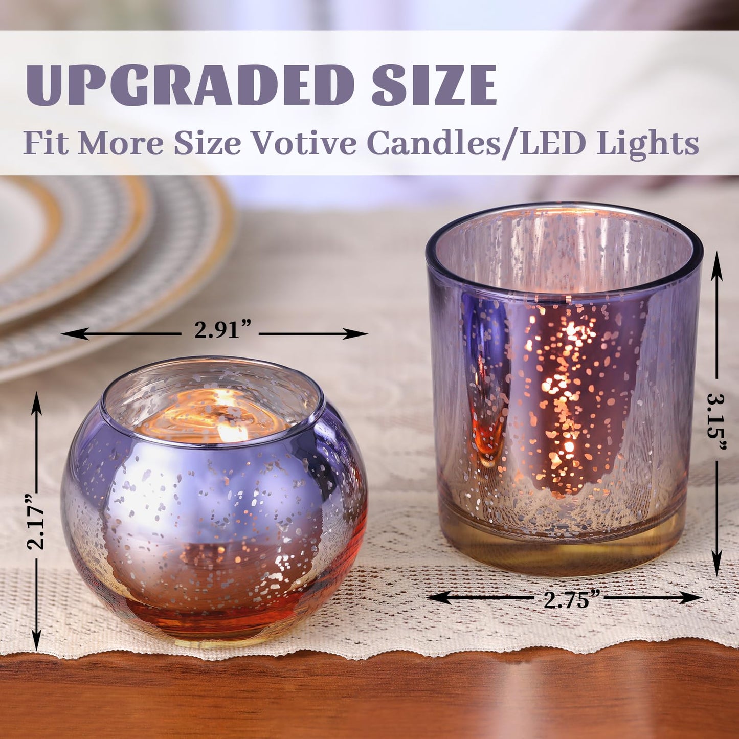 Volens 30pcs Assorted Purple Votive Candle Holders Bulk, Large Mercury Glass Votive for Wedding Table Centerpieces, Purple and Gold Themed Party Decorations and Home Decor