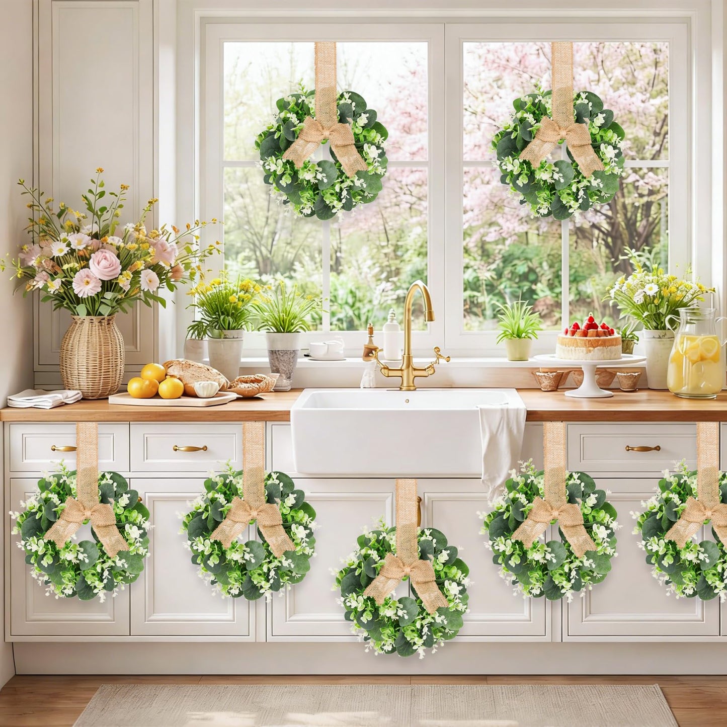 10PCS Eucalyptus Candle Rings Wreaths, Artificial Greenery Faux Kitchen Cabinet Wreath,Spring Wreath with Burlap Ribbon, Pillar Candle Holder Wreath for Porch Wall Window Farmhouse Wall Home Decor