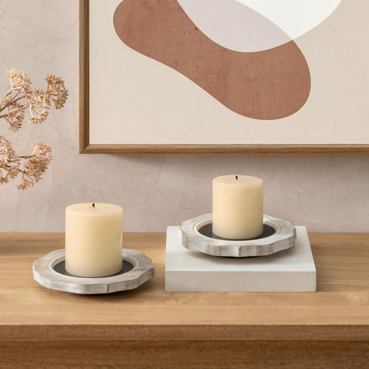JFY Designs Hand Carved Solid Wood Candle Centerpiece Set of 2 - Pillar Candle Holders Decorative Candlestick Holder for Home Décor, Wedding, Dinning, Party