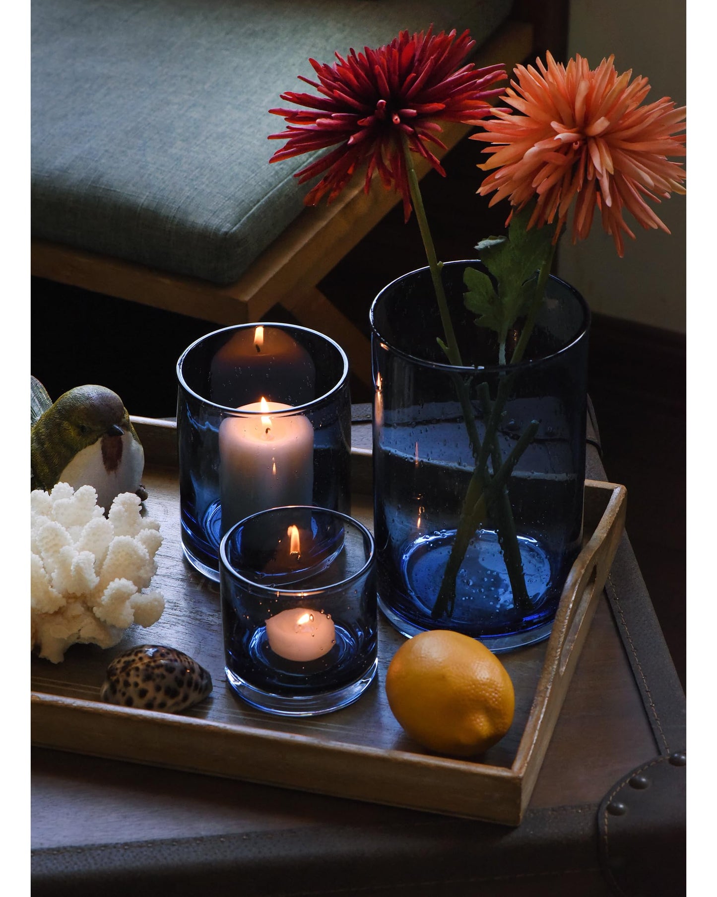 ARIAMOTION Blue Candle Holder, 8" 5" 3.5" Height Set 3