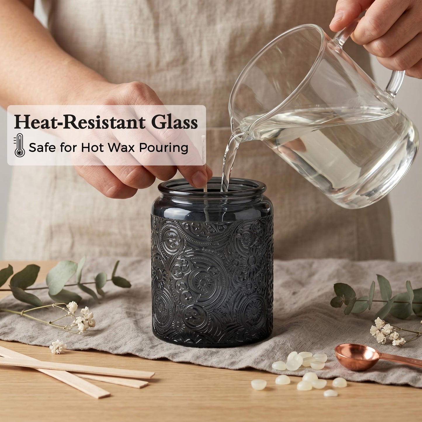 9-Pack 8oz Embossed Glass Candle Container with Bamboo Lids and Labels, Gray Candle Jars for Making Candles, Sun Moon Star Design