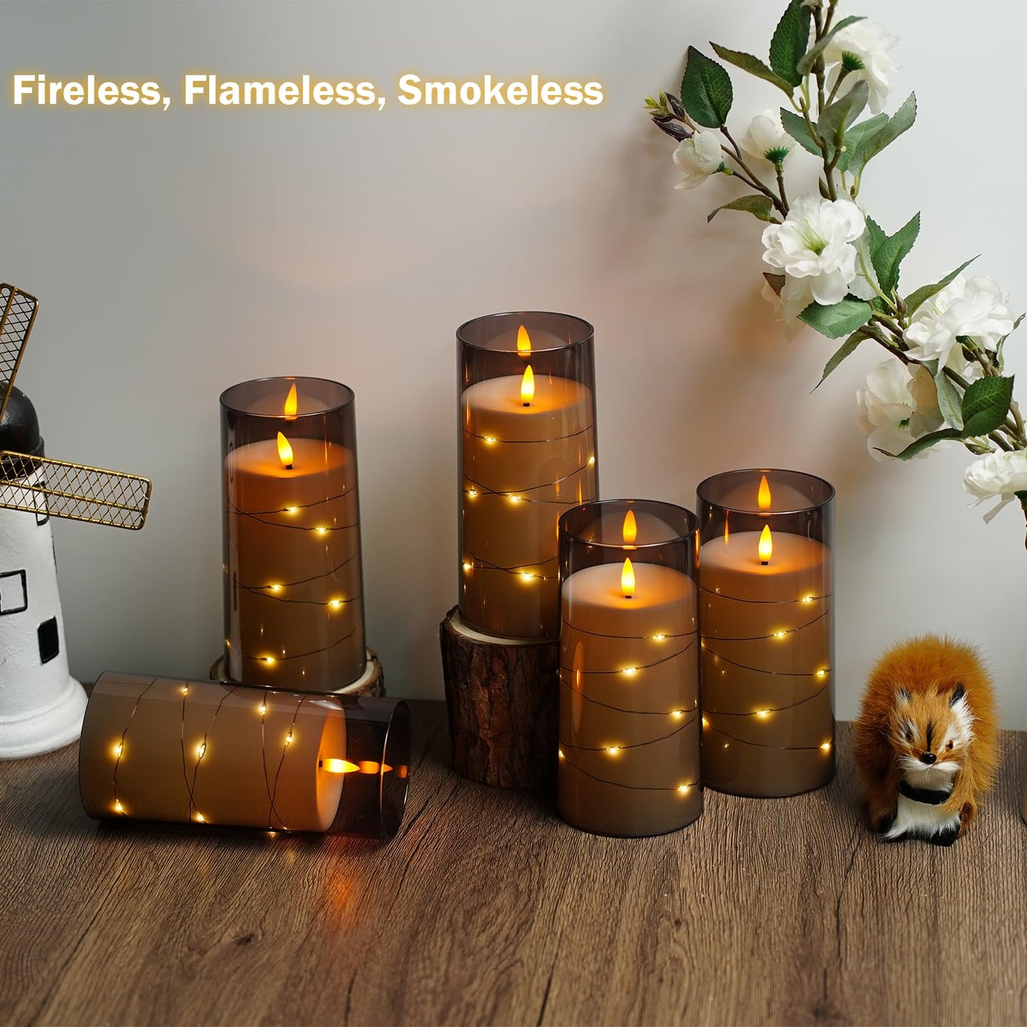 Flickering Flameless Candles with Remote Timer, 6pcs LED Battery Operated Candles with Embedded String Lights Grey, D3 H6