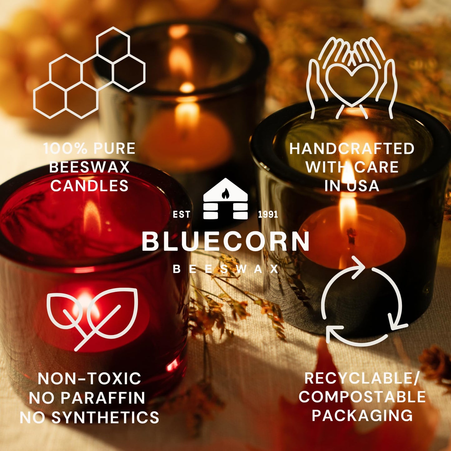 Bluecorn Beeswax Tea Light Candles, 100% Pure Natural Bees Wax, White Tea Lights in Metal Cups, Fragrance Free, Paraffin & Soy Free Candle Wax, Clean Burning, Long Lasting, American Made, 24 Pack