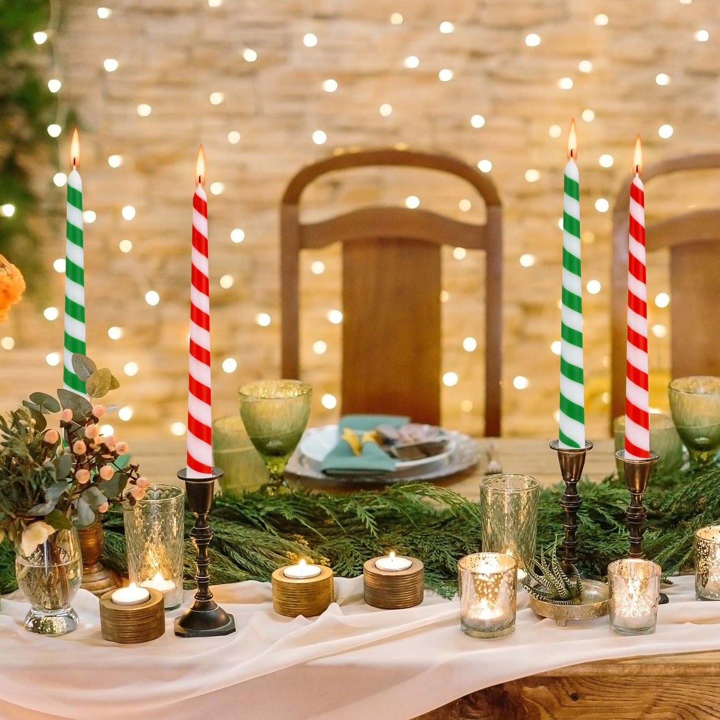 EBaokuup 6 Pcs Christmas Stripe Taper Candles,10 Inch Candy Cane Taper Candles,Red Green Christmas Decorative Tree Candles for Home Table Decor Wedding Party Centerpiece