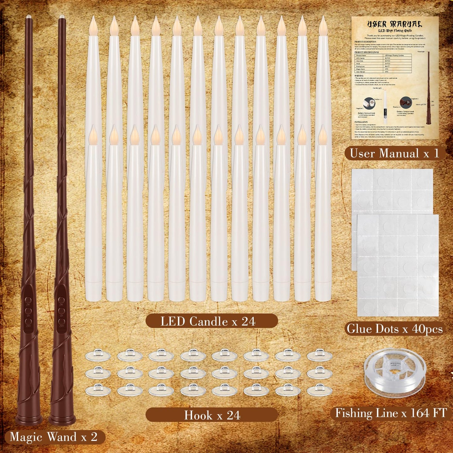 Wfmolcand 24PCS Floating Candles with Wand, Magic Hanging Candles, Flickering Warm Light LED Taper Flameless Candles with Wand Remote for Halloween,Christmas Party Decorations Indoor Deco,Bset Gift.