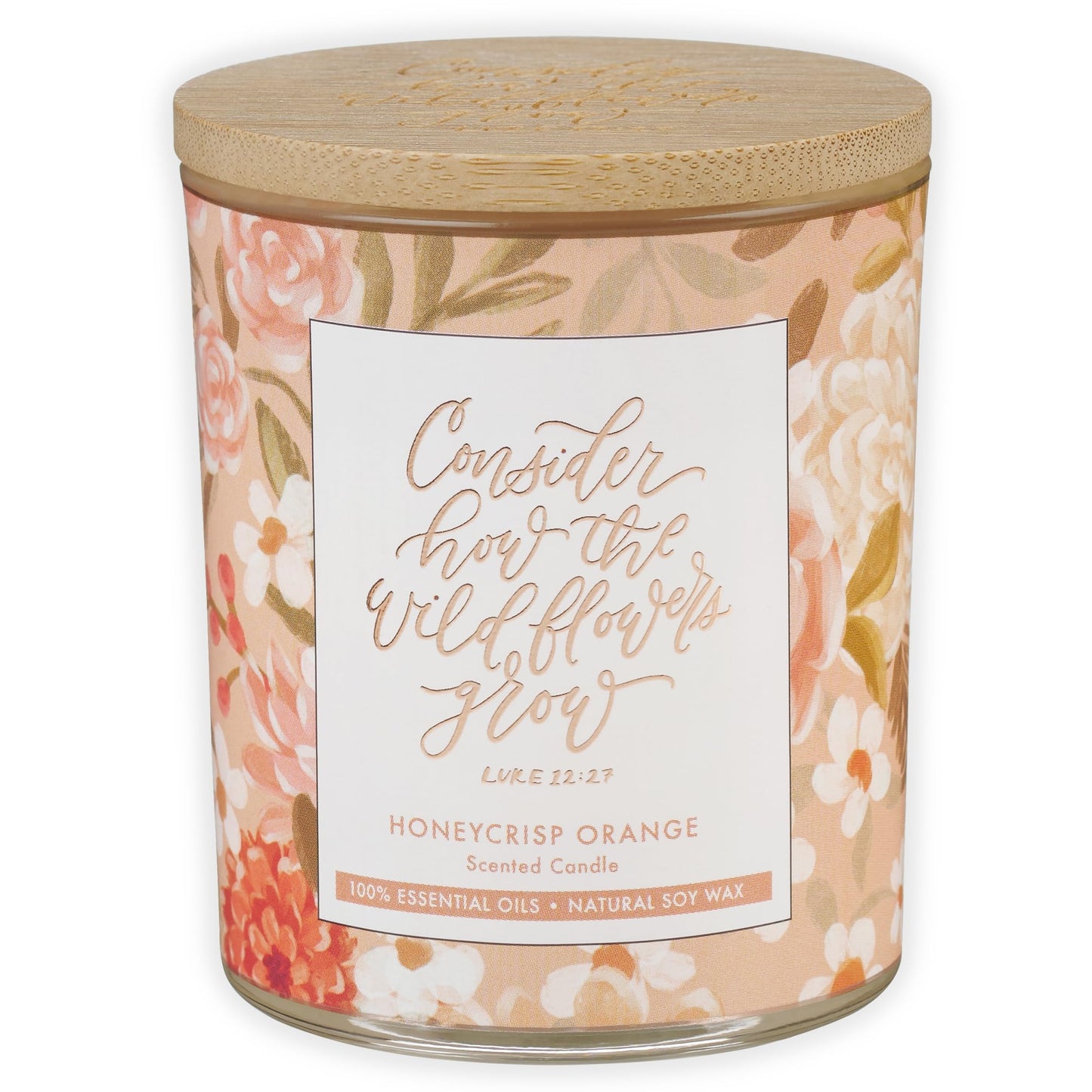 Christian Art Gifts Soy Wax Scented Candle: Honeycrisp Orange Scent, Wildflowers Grow Bible Verse, Pure Essential Oils, 4.5 oz, Up to 20 Hours Burn Time, Glass Jar w/Bamboo Lid, Encouragement Gift