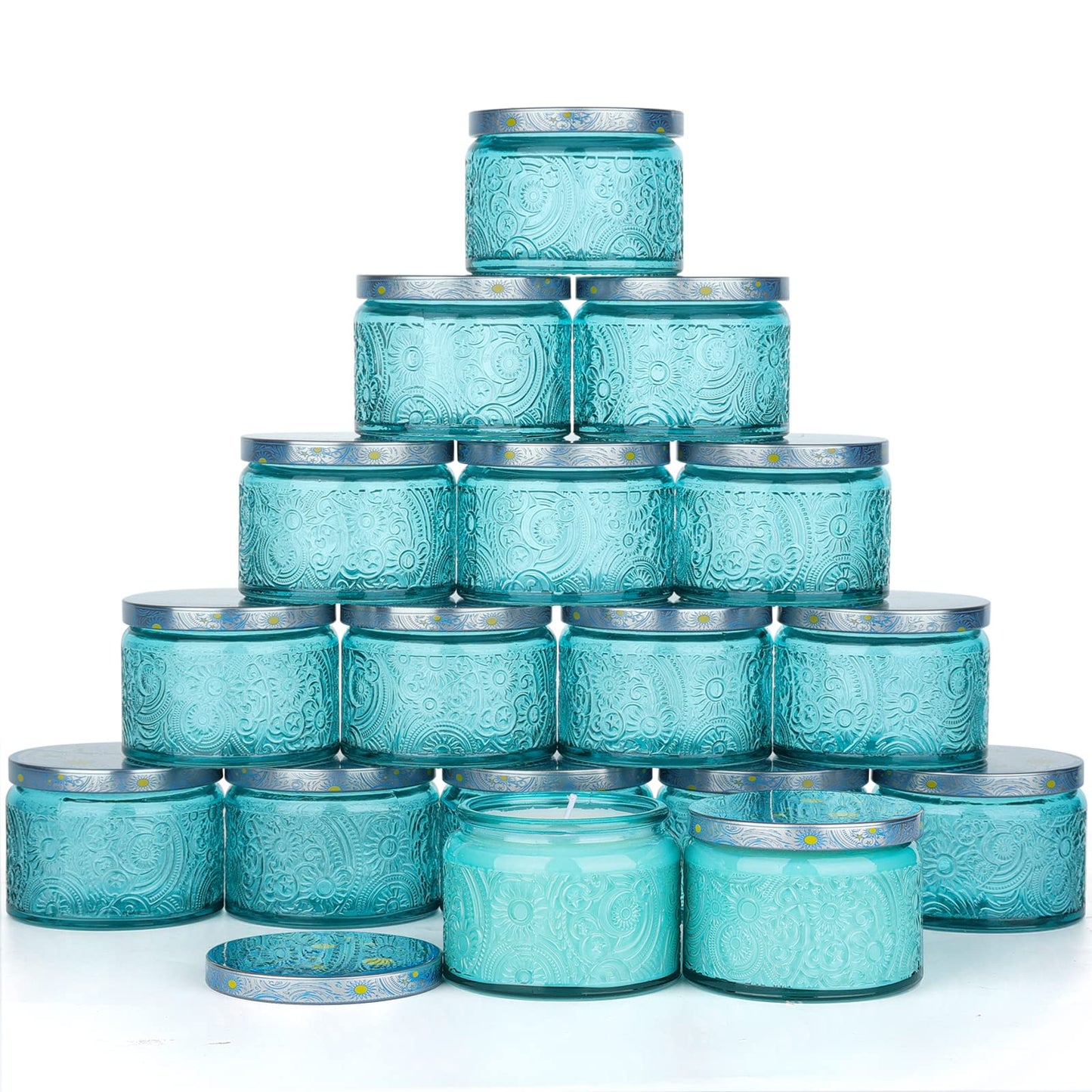 18-Pack 4oz Embossed Glass Candle Jars with Lids and Labels - Sun Moon Stars Design (Blue)