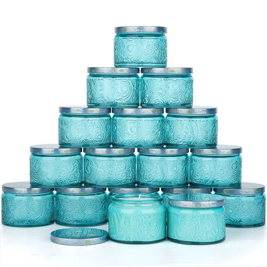 18-Pack 4oz Embossed Glass Candle Jars with Lids and Labels - Sun Moon Stars Design (Blue)