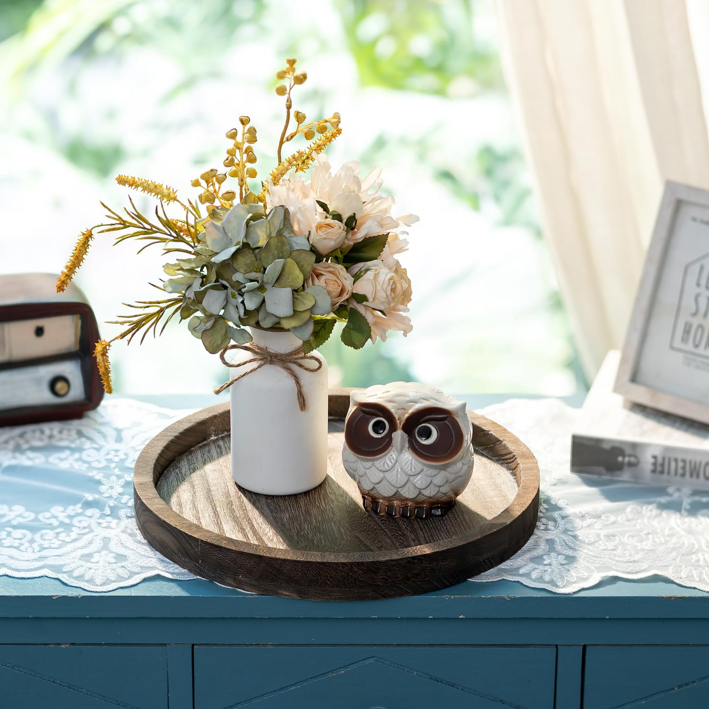 Hanobe Round Wood Candle Trays: Rustic Candlestick Holder Tray Pillar Stand for Table Centerpiece - Farmhouse Coffee Table Decor for Living Room Kitchen Counter