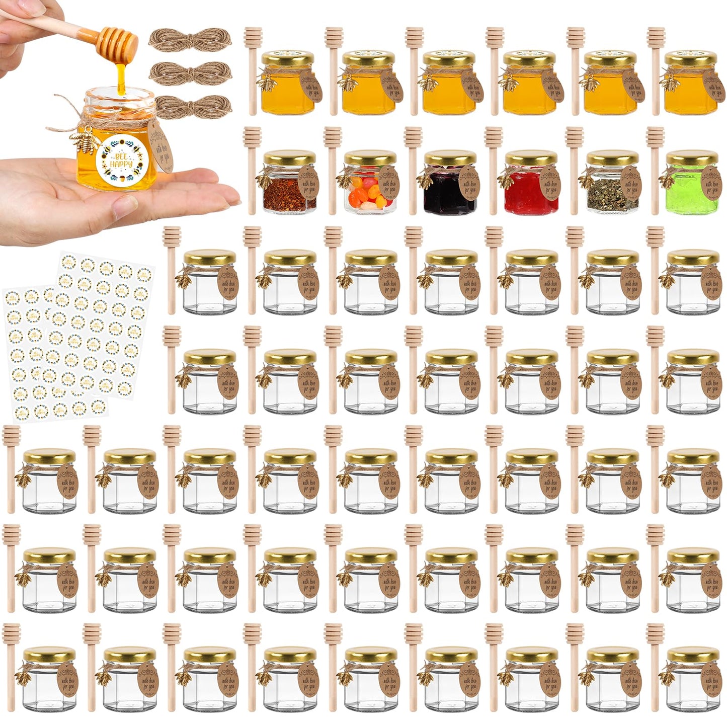 AuroTrends Mini Honey Jars with Dipper 1.5oz 60Pack, Empty Hexagon Honey Jars for Baby Shower Favors/Wedding Favors for Guests Bulk-Mini Glass Jar with Lids/Wooden Dippers (1.5 fl.oz-60Pack)