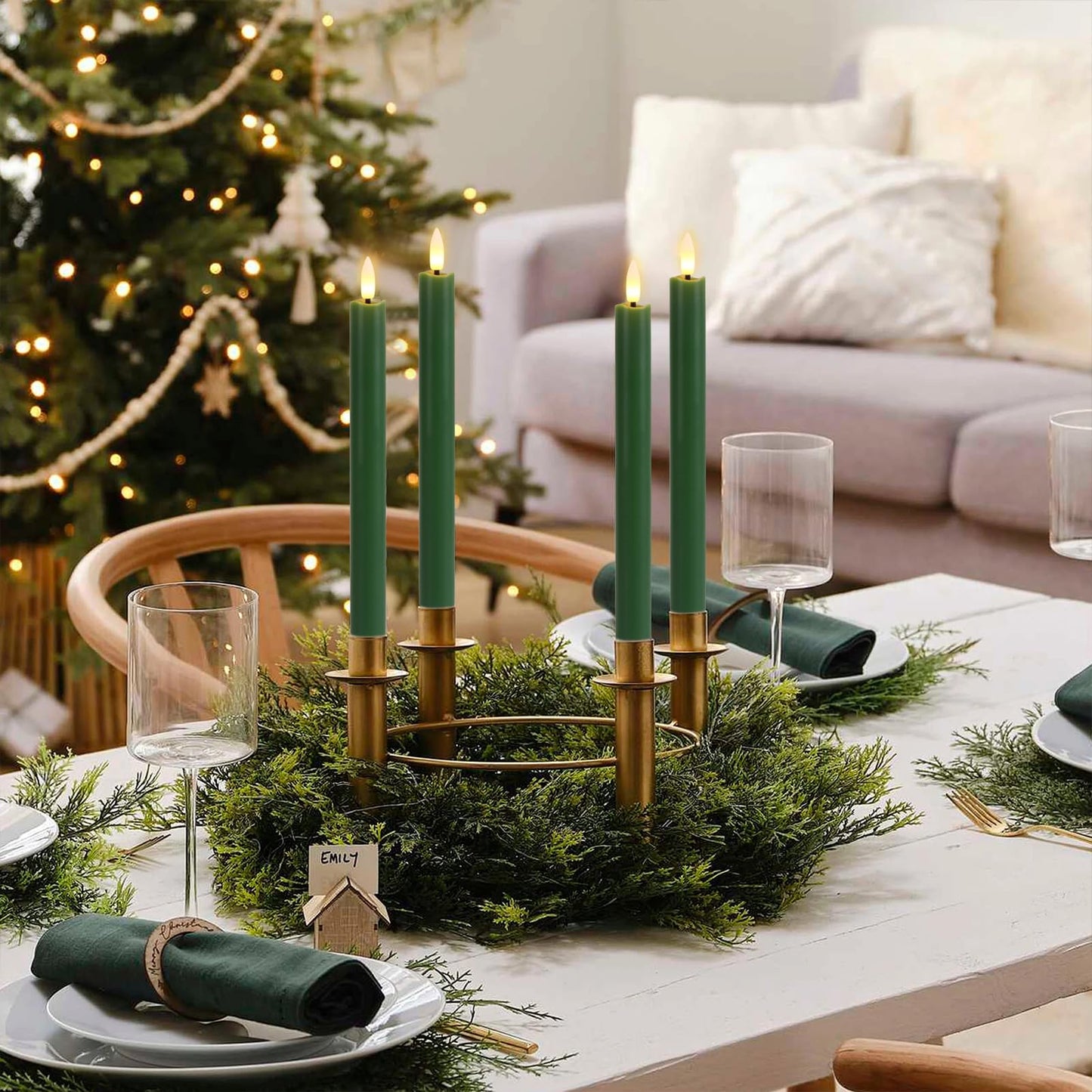 GenSwin FlamelessTaper Candles Flickering with 10-Key Remote, Battery Operated Led Warm 3D Wick Light Window Candles Real Wax Pack of 3, Christmas Home Wedding Decor(Green, 0.78 X 9.64 Inch)