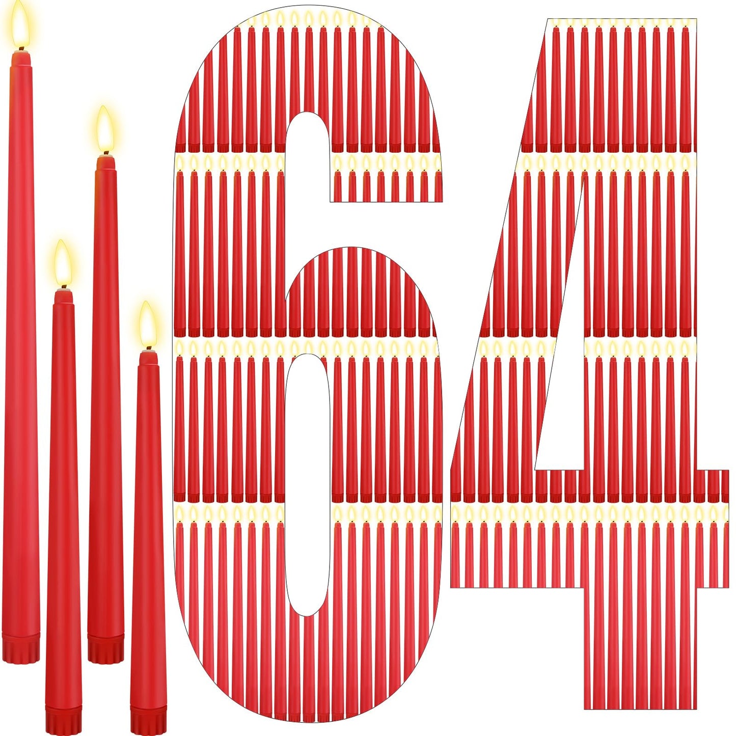Rossesay 64 Pcs Wedding Flameless LED Taper Candles Battery Operated Candles 4 Sizes of 8.5'', 9.65'', 10.83'', 12.8'' Candlesticks Flickering for Halloween Christmas Church Wedding(Red)