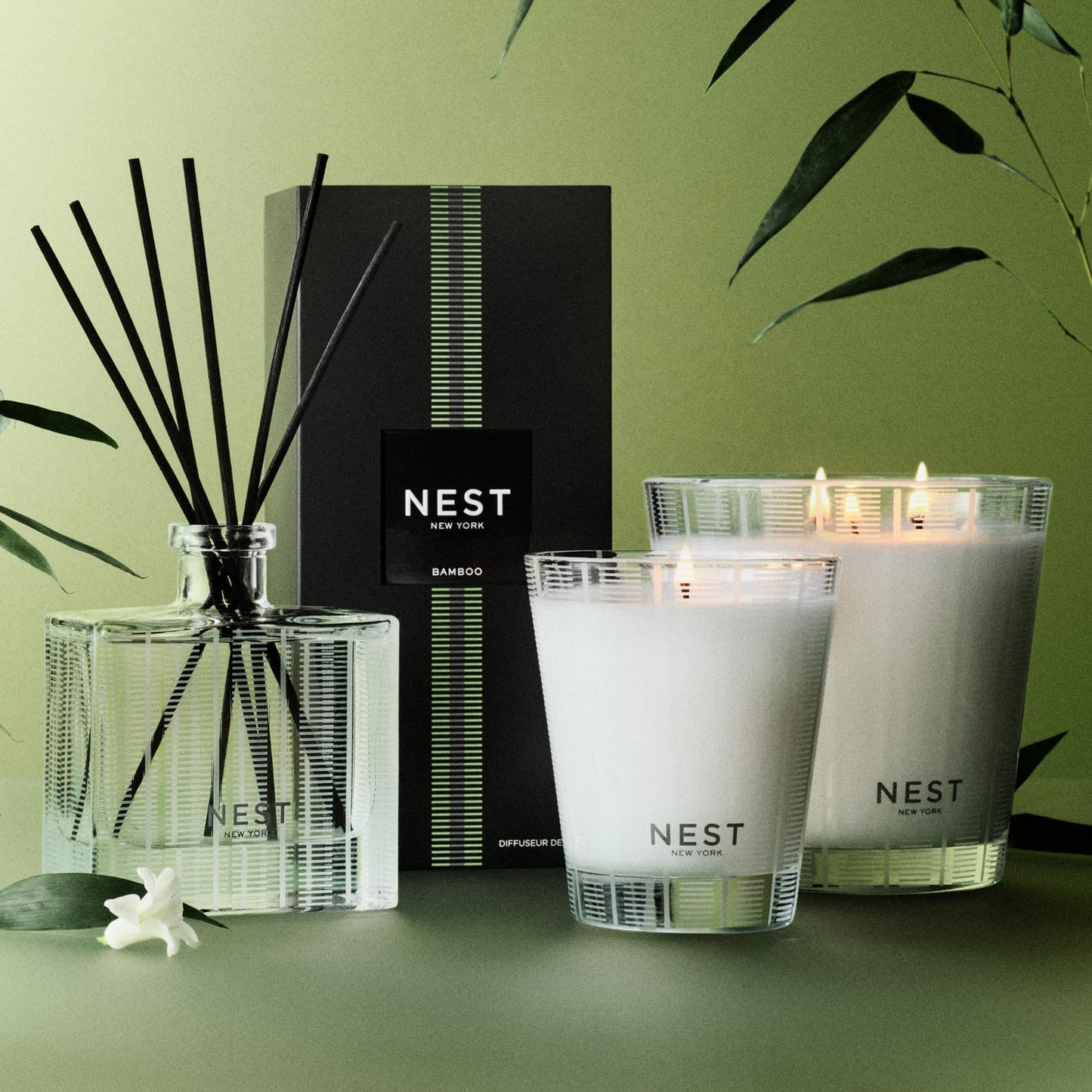 NEST New York Scented 3-Wick Candle, Bamboo - 21.2 oz - Up to 100-Hour Burn Time - Reusable Glass Vessel