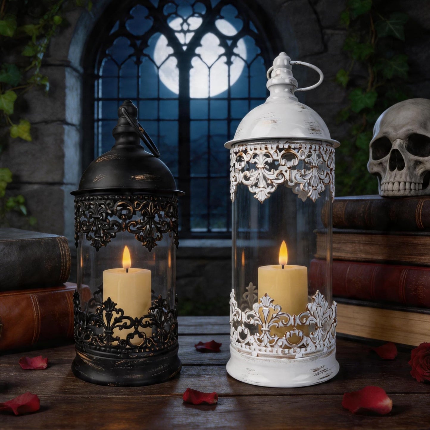 HiSnug Candlestick Holders with Flameless Candles - Gothic Vintage Hurricane Candle Holder, Portable Wind Lamp Barn Lantern Suspended Candleholders for Table Shelf Balcony Eaves, 2PCS, S+L, Black