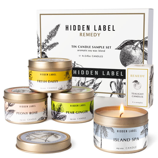Hidden Label Scented Candles Gifts for Women, Remedy Collection Small Soy Candles 4pack 3.45oz Travel Tin, Gifts for Birthday Valentines Day Mothers Day Christmas(Set1)