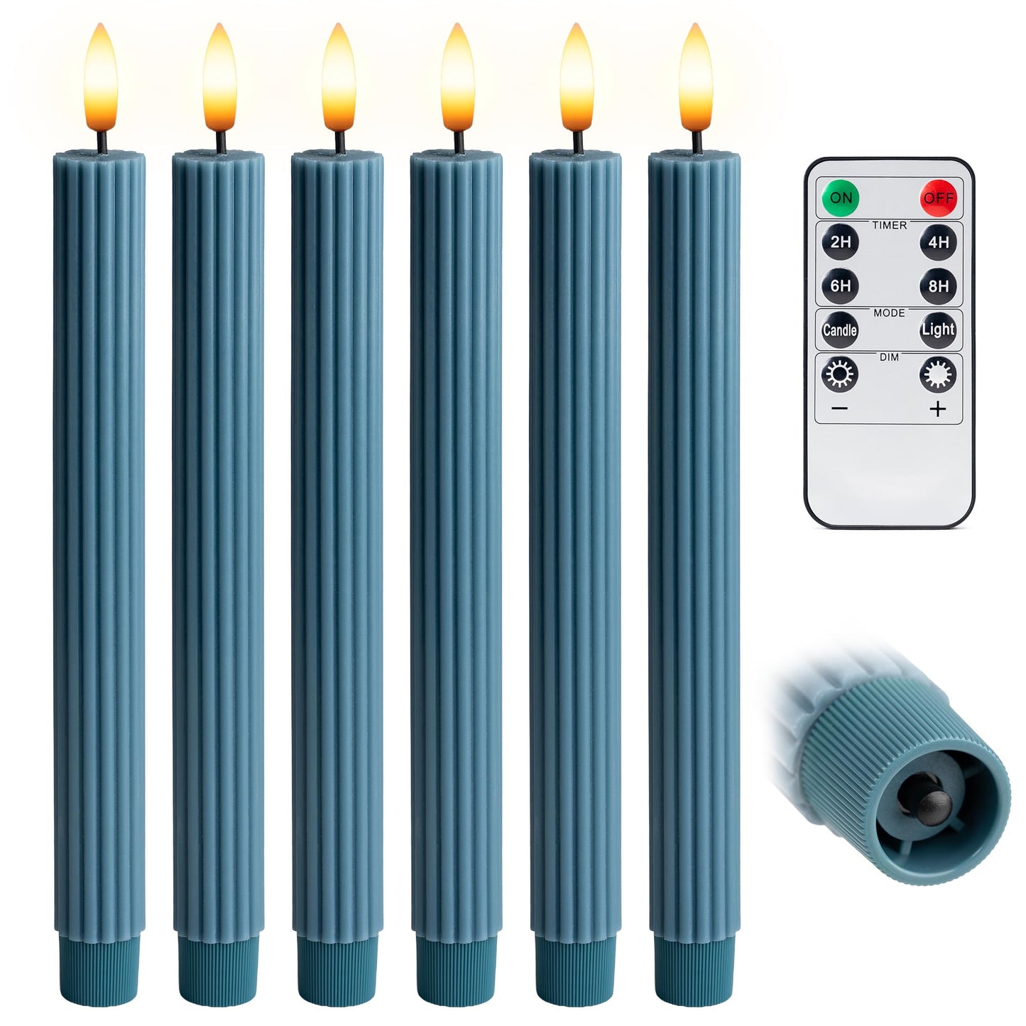 West Ivory 6 Pack, 10" LED Flameless Blue Fluted Ribbed Grooved Taper Candles, Remote & 24h Timer Memory, On/Off Button, Dimmable, Flicker Mode, Battery Operated, Christmas Menorah Wedding