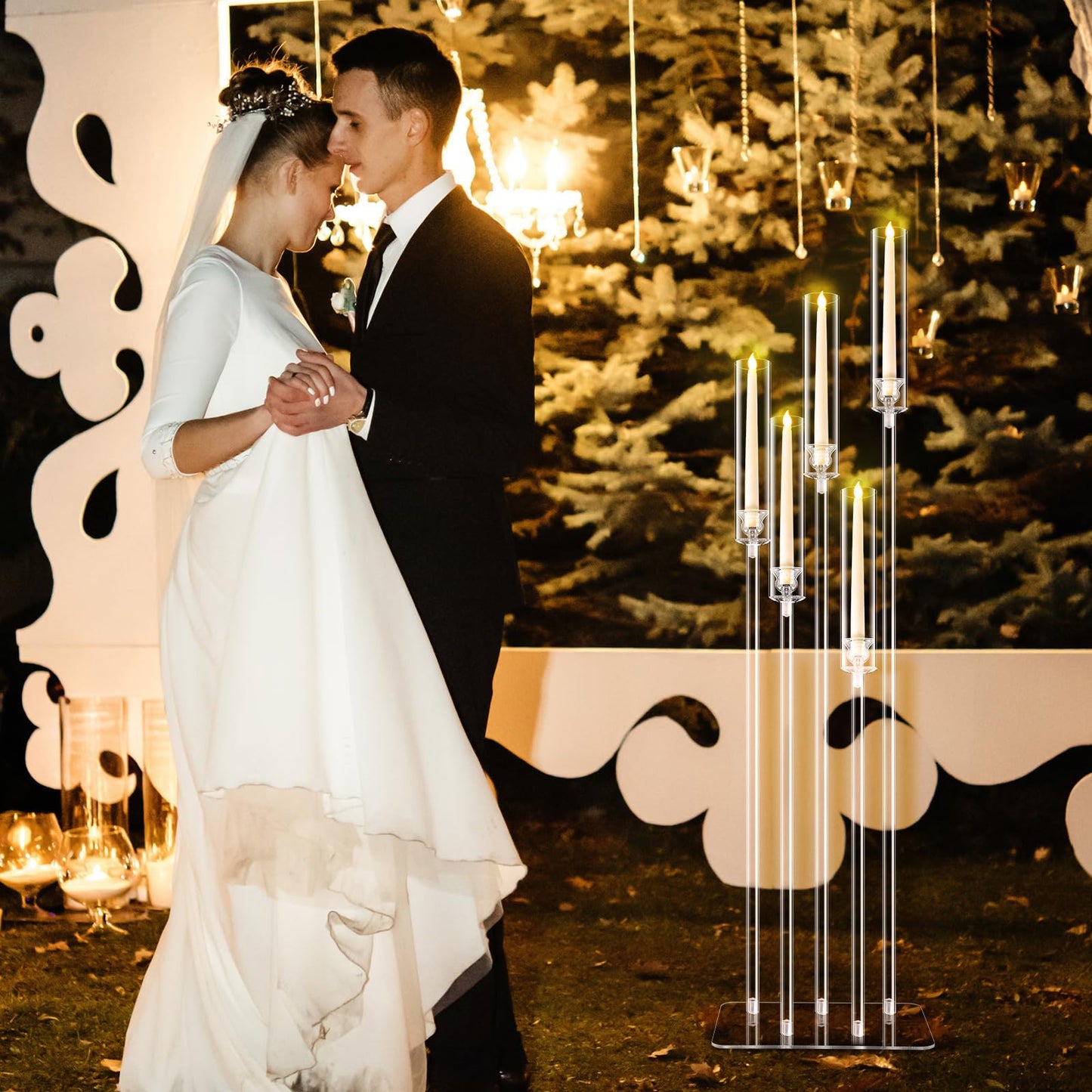 Tessco for you 2 Set 5 Arms Acrylic Candelabra Centerpieces 46.4'' Tall Clear Candle Holders Wedding Table Centerpiece Floor Candle Stand with Acrylic Shade Fit 0.8'' LED Candles for Home Party