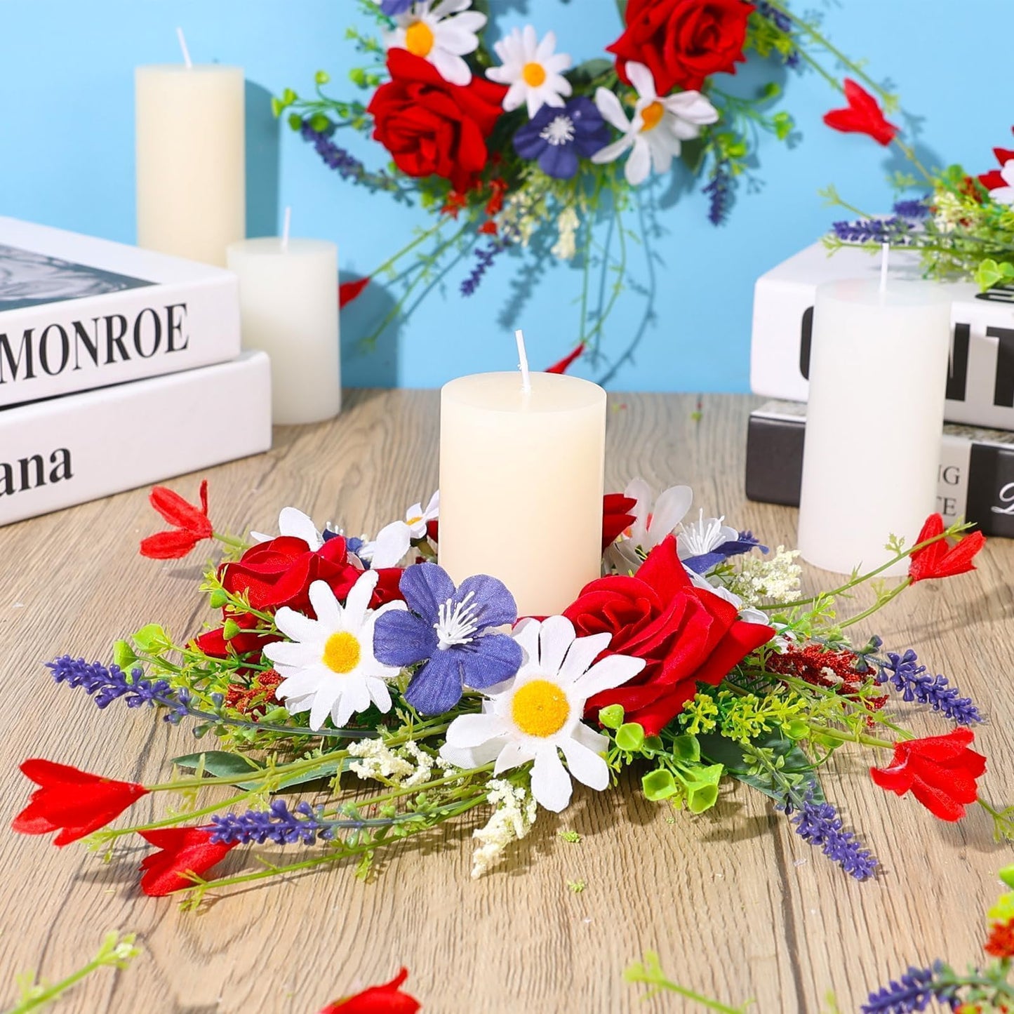 6 Pcs 4th of July Red White and Blue Candle Rings Wreath 3 Inch Patriotic Candle Rings Mini Wreath American Independence Day Rings Wreaths for Table Window Door Decor