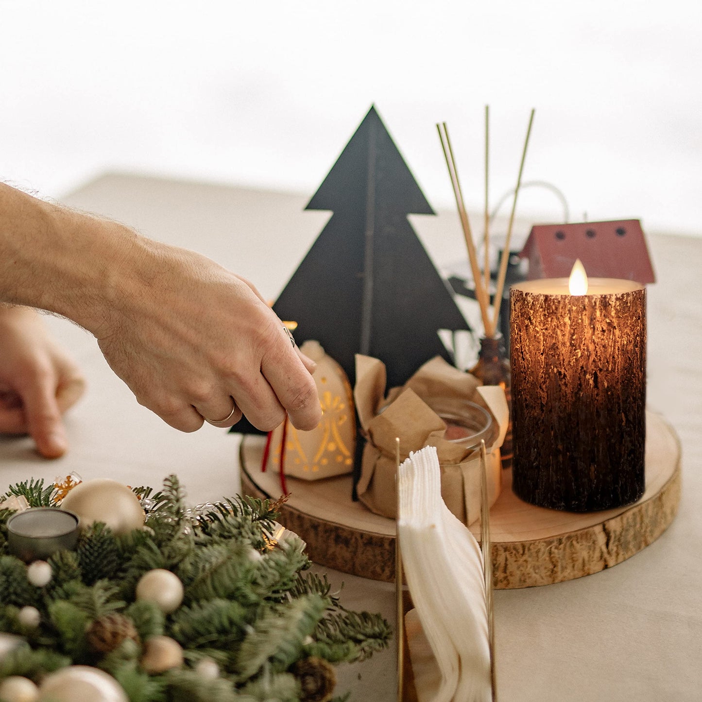 NICEME LED Pine Bark Flameless Candles Set of 3 with Remote Timer Real Wax Battery Operated Candles Flickering Moving Wick Electric Decorative Pillar Bark Candles