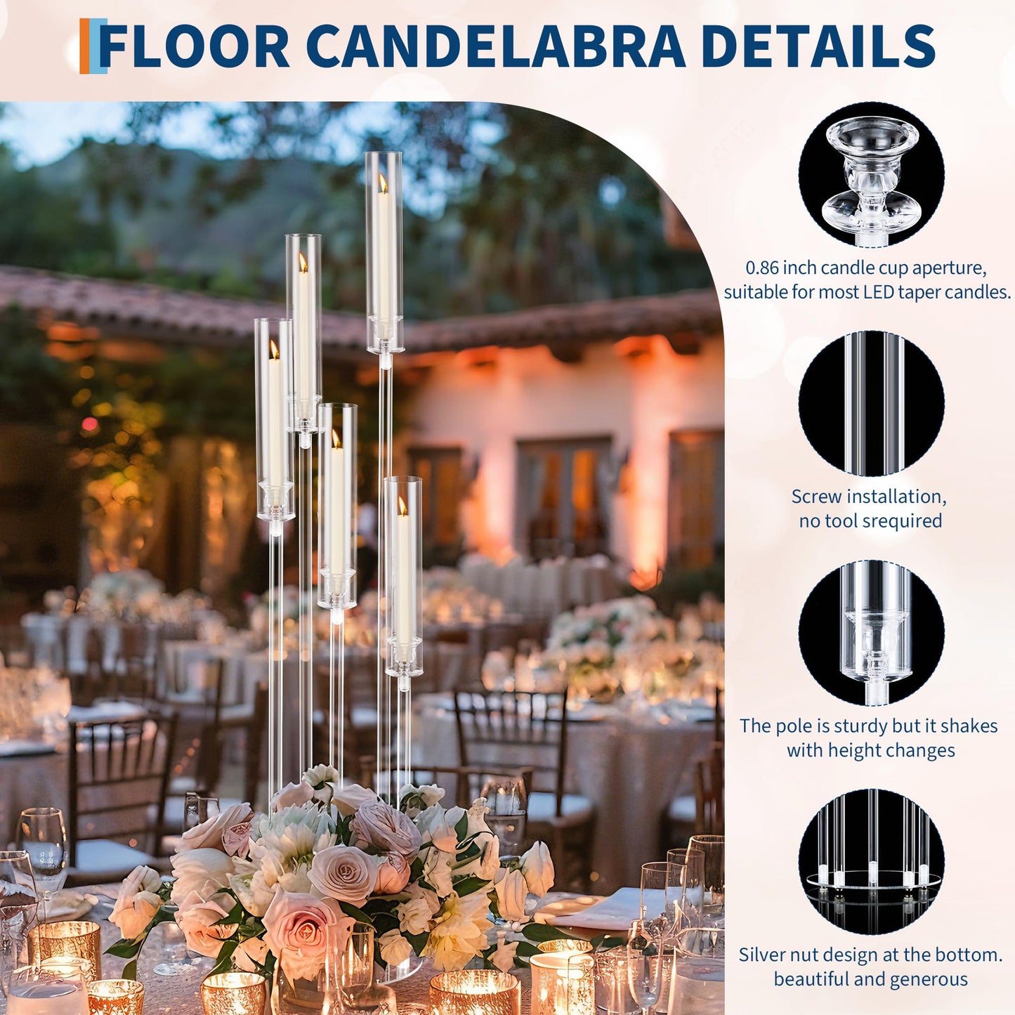 4pcs 45.7in Tall 5 Arm Acrylic Candelabra Centerpieces with Acrylic Shade for Table and Floor, Clear Candle Holders for Wedding Ceremony Birthday Party Home Decoration Fit 0.8in Candles (No Candle)