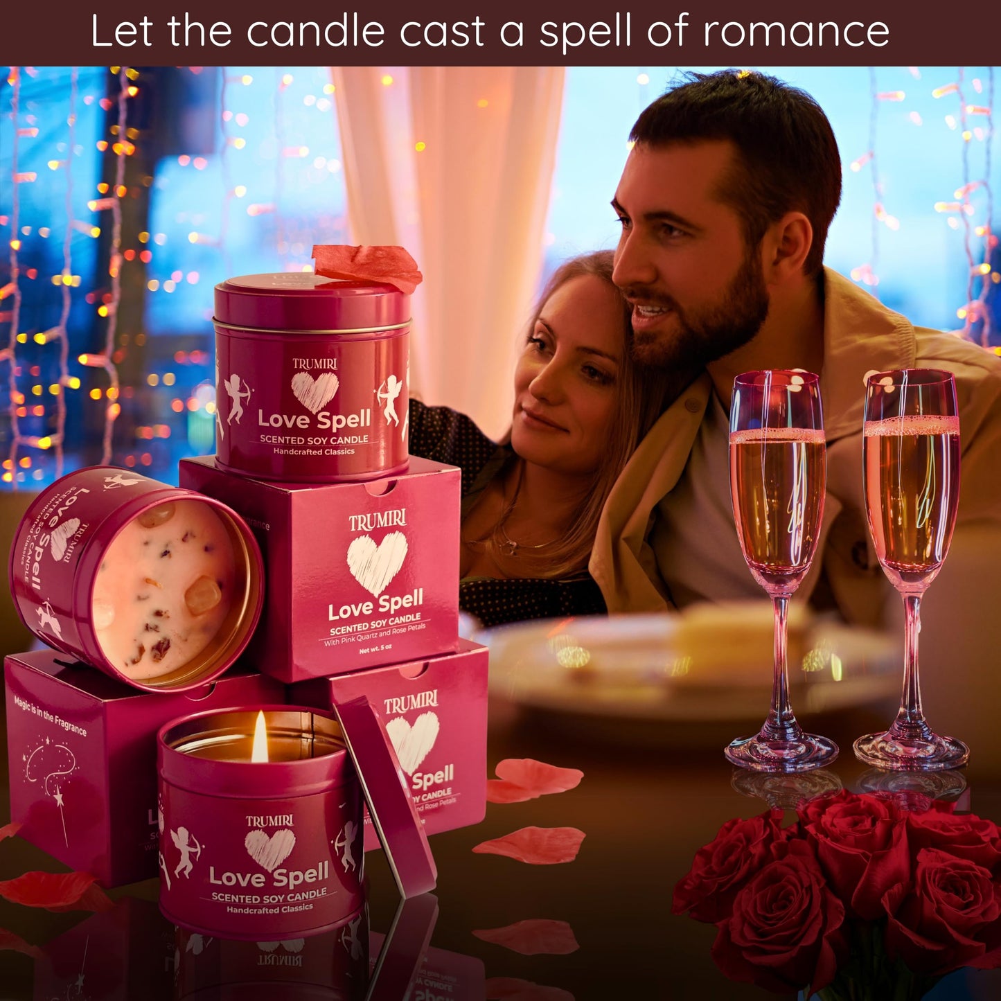 Love Spell - Scented Candles for Women & Men with Rose Petals and Crystals - Pack of 3 x 5oz Soy Clean Organic Non Toxic - Velas Aromáticas - Aromatherapy Spa Valentines Gift Candel