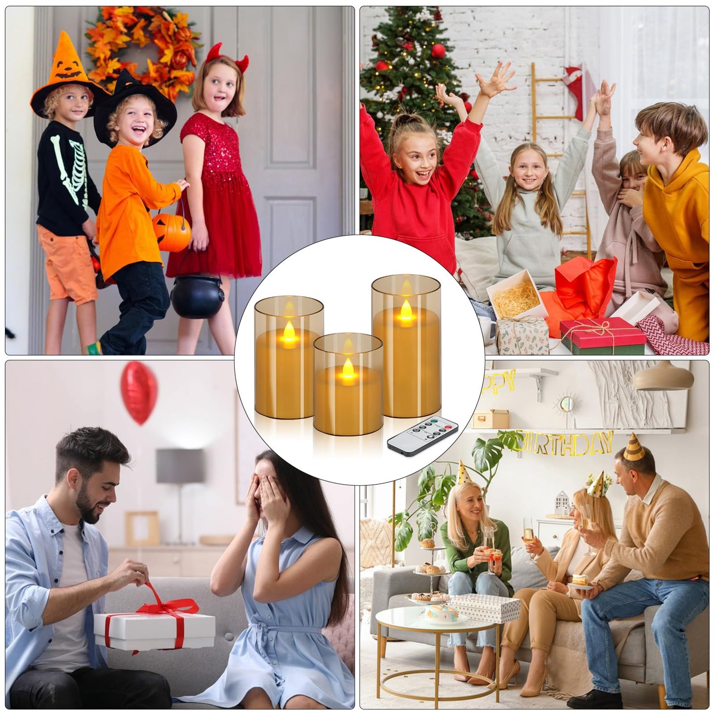 wemarry Flameless Candles 4" 5" 6" Acrylic Glass Pillars 3" Diameter Battery Operated Flickering Candles Include 8-Key Remote with Timer Function 400+ Hours (Amber, Warm Light 3 Pack)