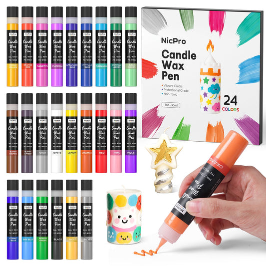 Nicpro Candle Wax Pen, 24 Colors 3D Candle Paint Include Glitter Silver Gold, Safe DIY Candle Making & Painting Kit, Dry Fast Vibrant Colors Wax Paint for Birthday Holidays Wedding Party (1 oz, 30 ml)