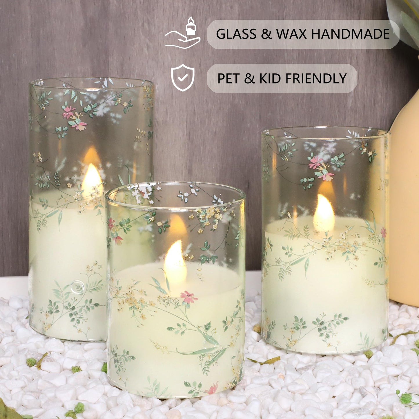 FLAVCHARM Glass Flameless Candles Flickering Battery Operated LED Pillar Candles Set of 3 with Timer and and 10-Key Remote Green Branch Floral Spring Summer Theme for Wedding Festival Home Decoration