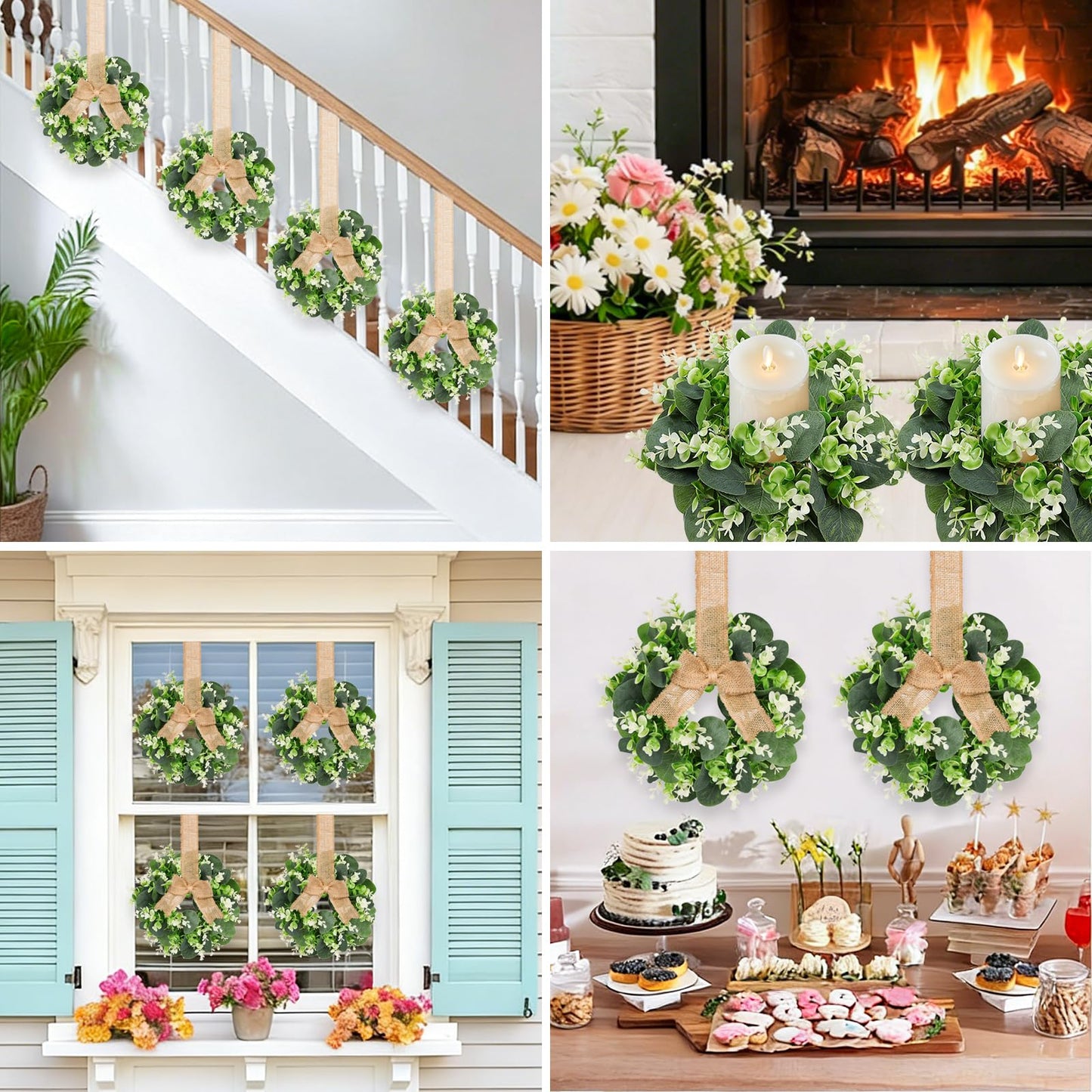 10PCS Eucalyptus Candle Rings Wreaths, Artificial Greenery Faux Kitchen Cabinet Wreath,Spring Wreath with Burlap Ribbon, Pillar Candle Holder Wreath for Porch Wall Window Farmhouse Wall Home Decor