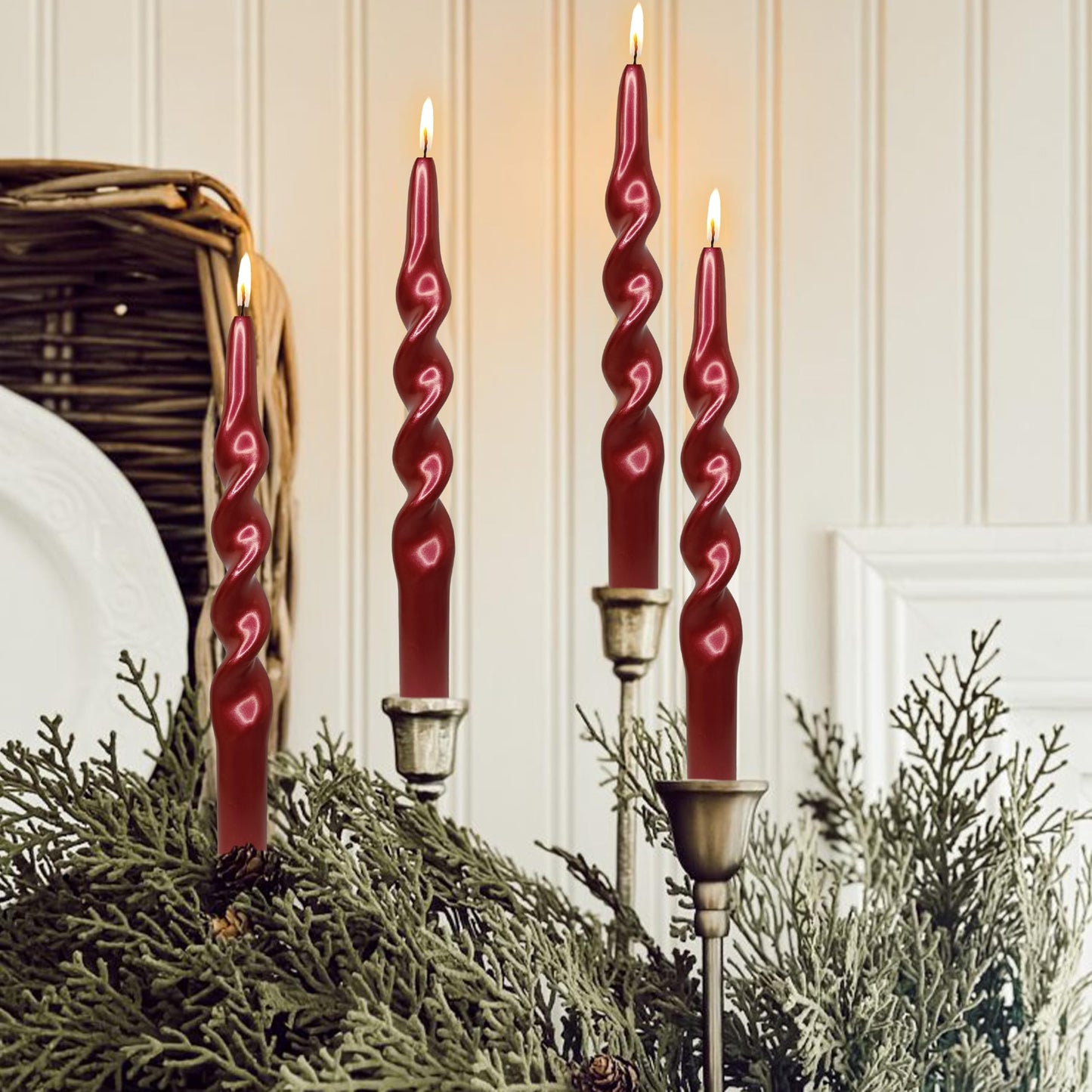 Christmas Spiral Candles Metallic Red Taper Candles -10 in Unscented Candlestick for Winter Gift Holiday Christmas Home Decoration Candles, 4 Pack
