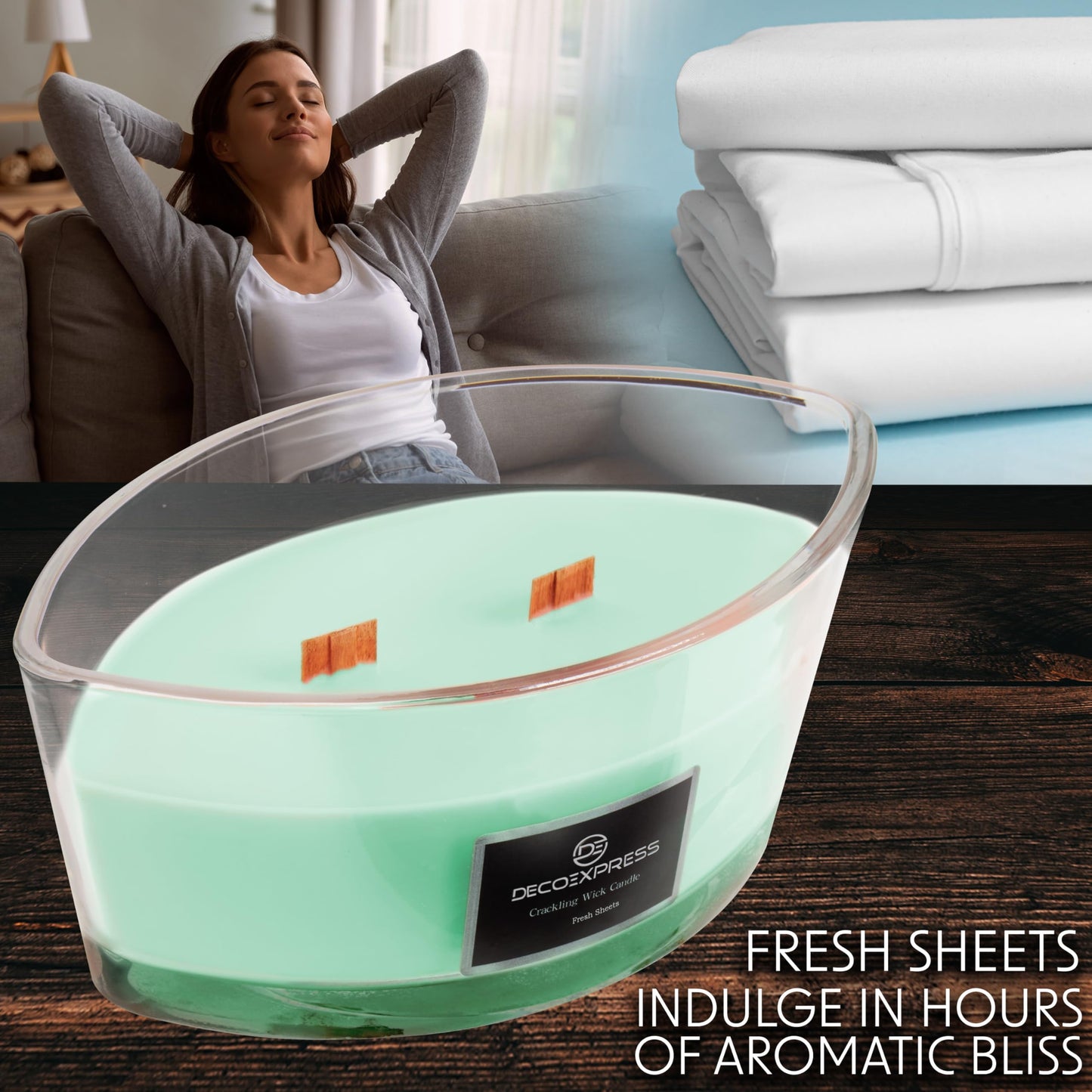 DECO EXPRESS Scented Candles, Crackle Double Wick Candles, Long 50 Hours Burn Time, Home Decor & Gift Ideas (Fresh Sheets)