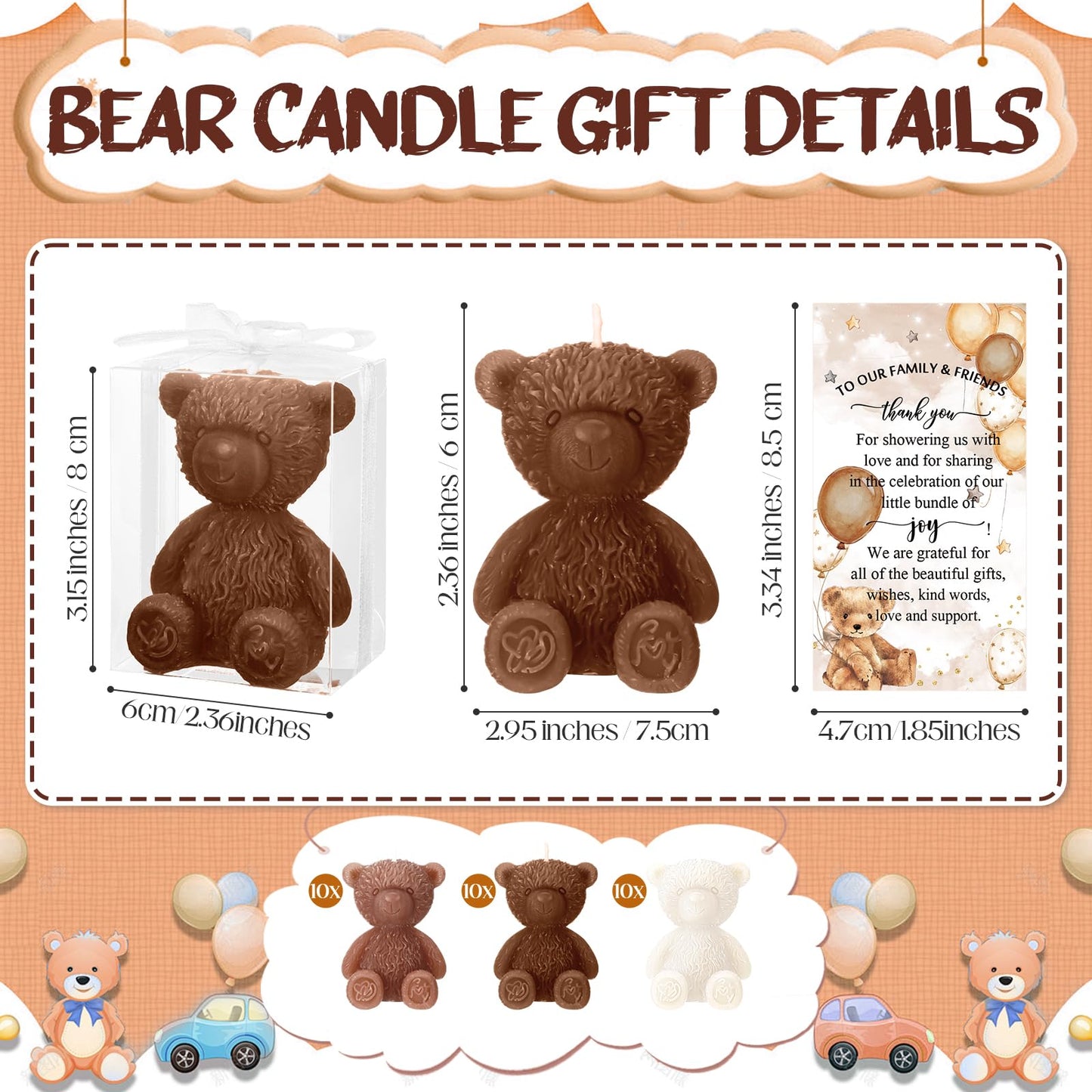 Threlaco 30 Sets Baby Shower Favor for Guests Large Bear Shaped Candles Bulk 2.95 x 2.36 Inch Bear Candles with Thank You Cards White Ribbons Clear PVC Boxes for Boys Girls Gender Reveal(Brown Series)