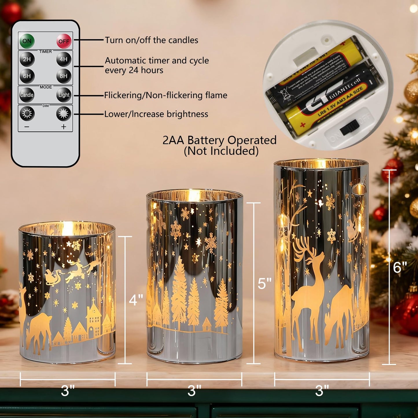 DRomance Christmas Flameless Candles Battery Operated with 10-Key Remote and Timer 3D Wick Flickering Electroplating Glass Reindeer LED Candles Indoor Holiday Decorations(Silver, 3" D x 4", 5", 6" H)