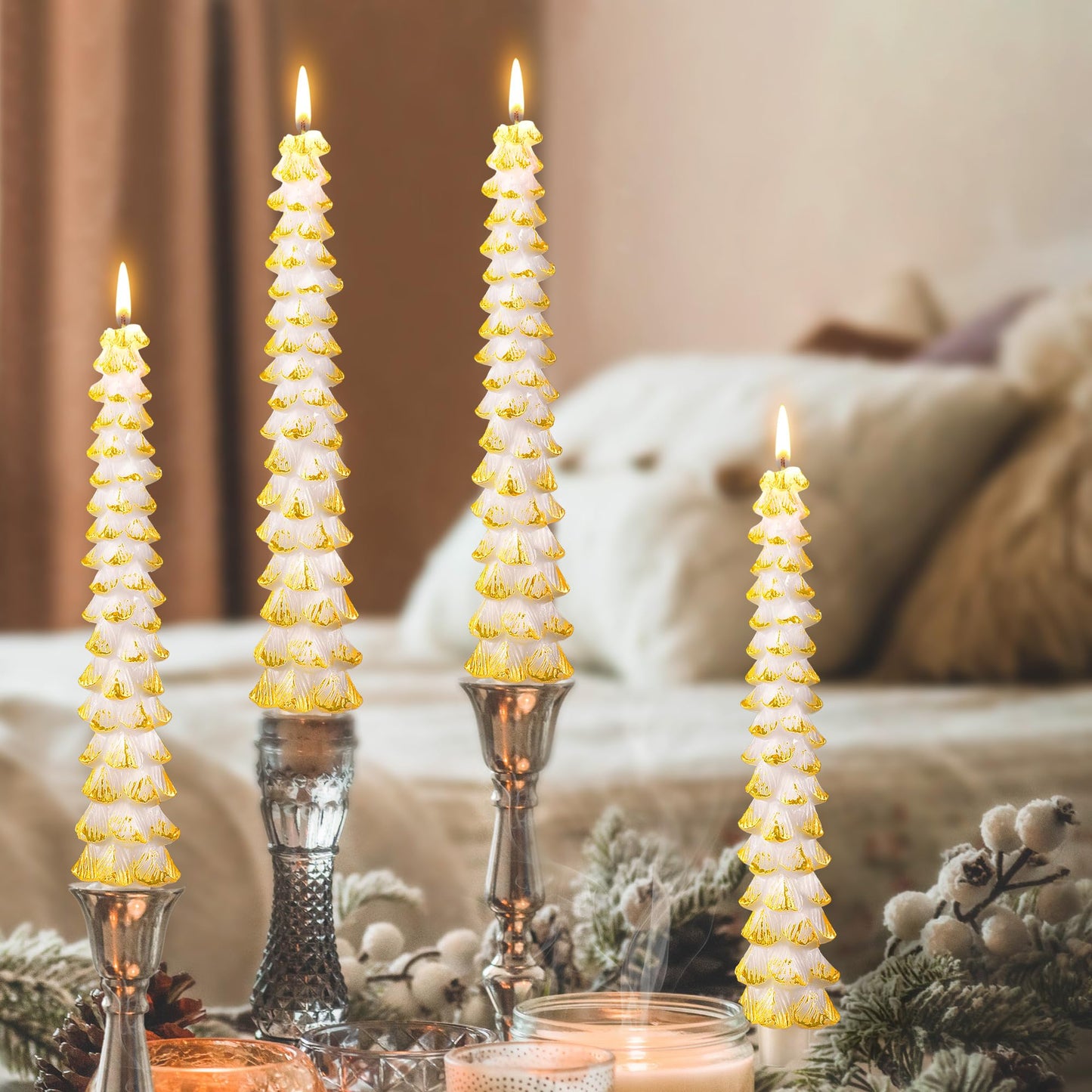 Ceoighe 4 Pack 10 Inch Christmas Tree Candles, Premium Natural Unscented Beeswax Christmas Tree Shaped Taper Candles with Cotton Wick, for Xmas Holiday Decor Party Banquet (White with Gold Trim)