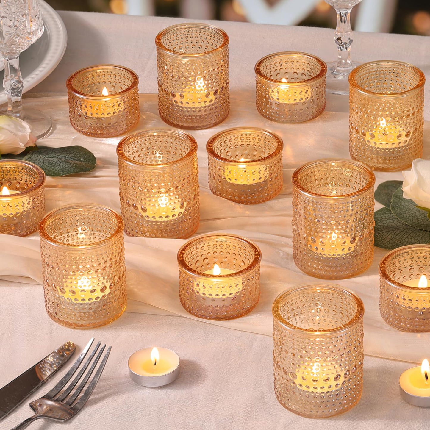 NITIME 24pcs Gold Assorted Votive Candle Holders, Polka Dot Tea Light Candle Holder Glass for Wedding Centerpieces, Gold Candle Holder for Table Centerpiece, Party, Holiday and Home Decor